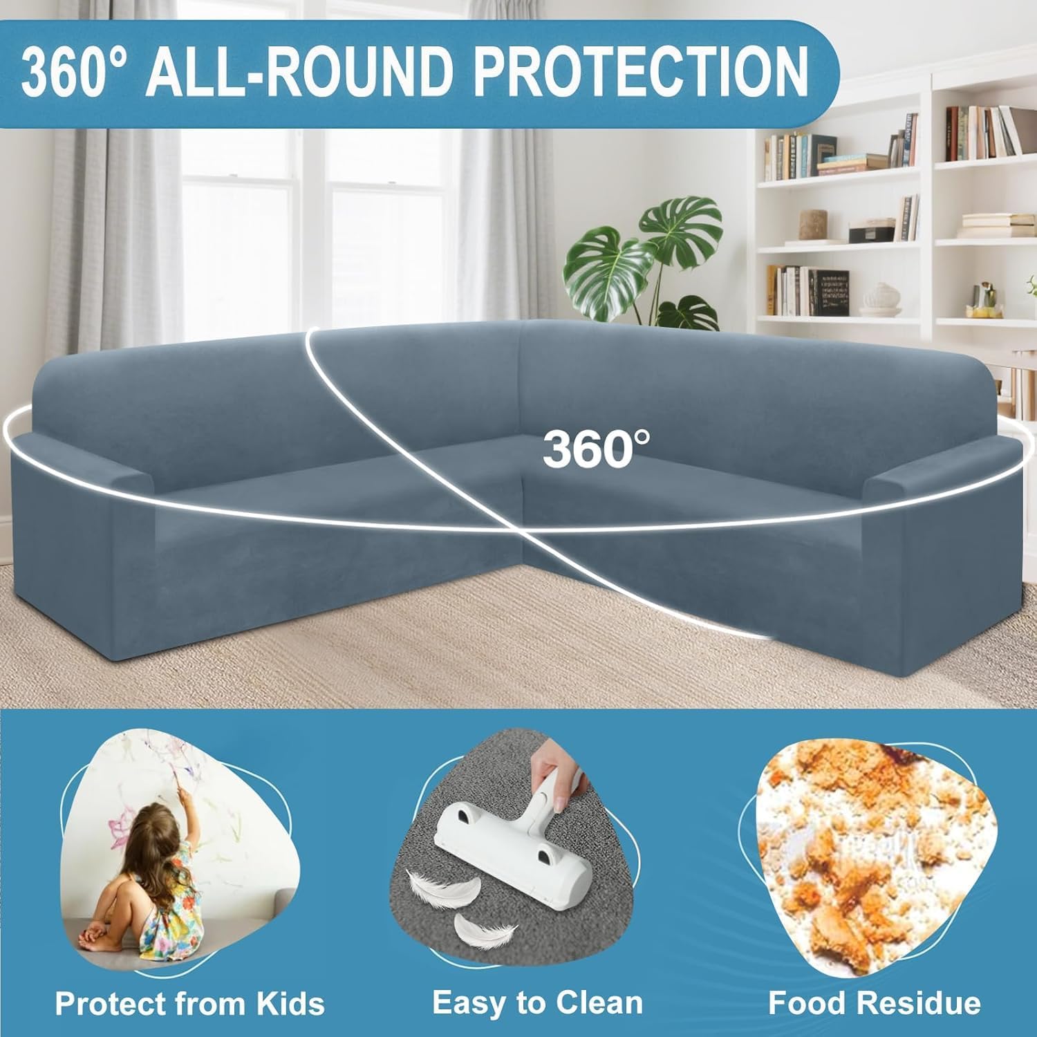 HDCAXKJ Corner Sectional Couch Covers Velvet Stretch L Shape Sofa Cover Soft Thick Sectional Slipcovers Set U Shaped Living Room Non Slip Magic Furniture Protector for Pet Dogs (Blue Gray, Small)