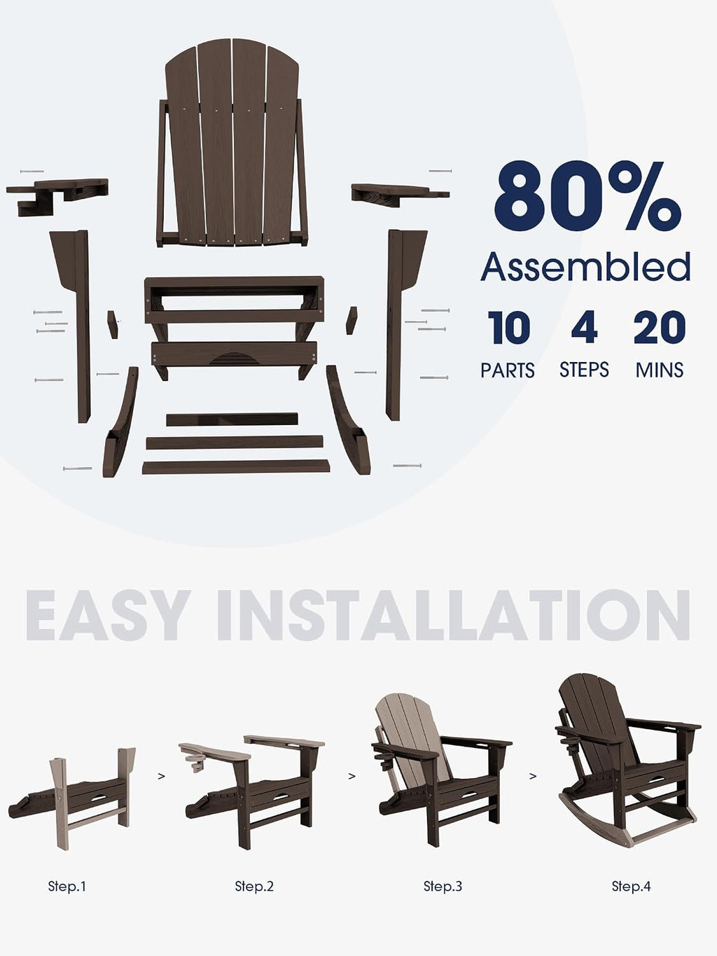KINGYES Adirondack Rocking Chair with Retractable Ottoman and Cup Holders, HDPE Adirondack Rocker Patio Rocking Chair for Porch, Patio, Balcony, Coffee Brown