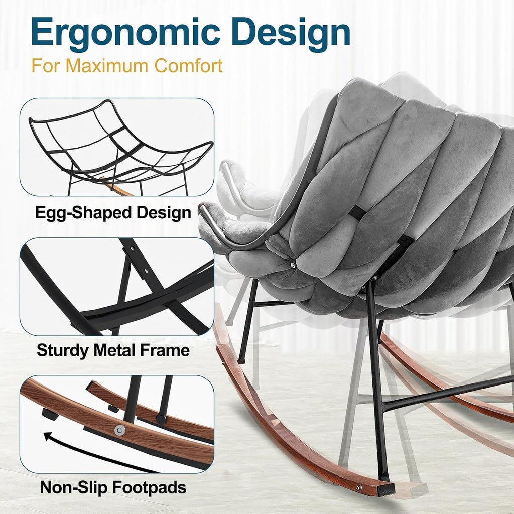 Outdoor Royal Rocking Chair, Velvet Papasan Rocking Chair – 30° Rocker, Outdoor Patio Egg Reclining Lounge Rocking Chair for Balcony Porch Patio, Braided Design