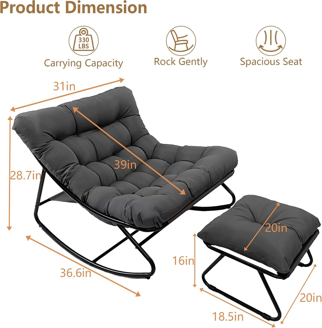Outdoor Rocking Chair with Ottoman, Comfy Oversized Papasan Chair, Modern Upholstered Egg Gliders, 300 Lbs Wide Recliner Lounge Rocker for Bedroom, Living Room, Patio, Porch, Balcony (Grey)