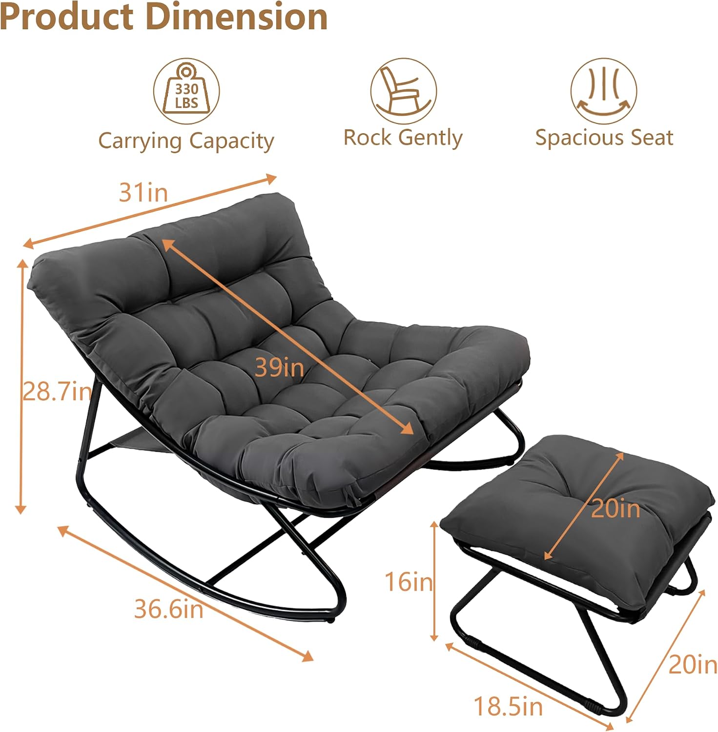 Outdoor Rocking Chair with Ottoman, Comfy Oversized Papasan Chair, Modern Upholstered Egg Gliders, 300 Lbs Wide Recliner Lounge Rocker for Bedroom, Living Room, Patio, Porch, Balcony (Grey)