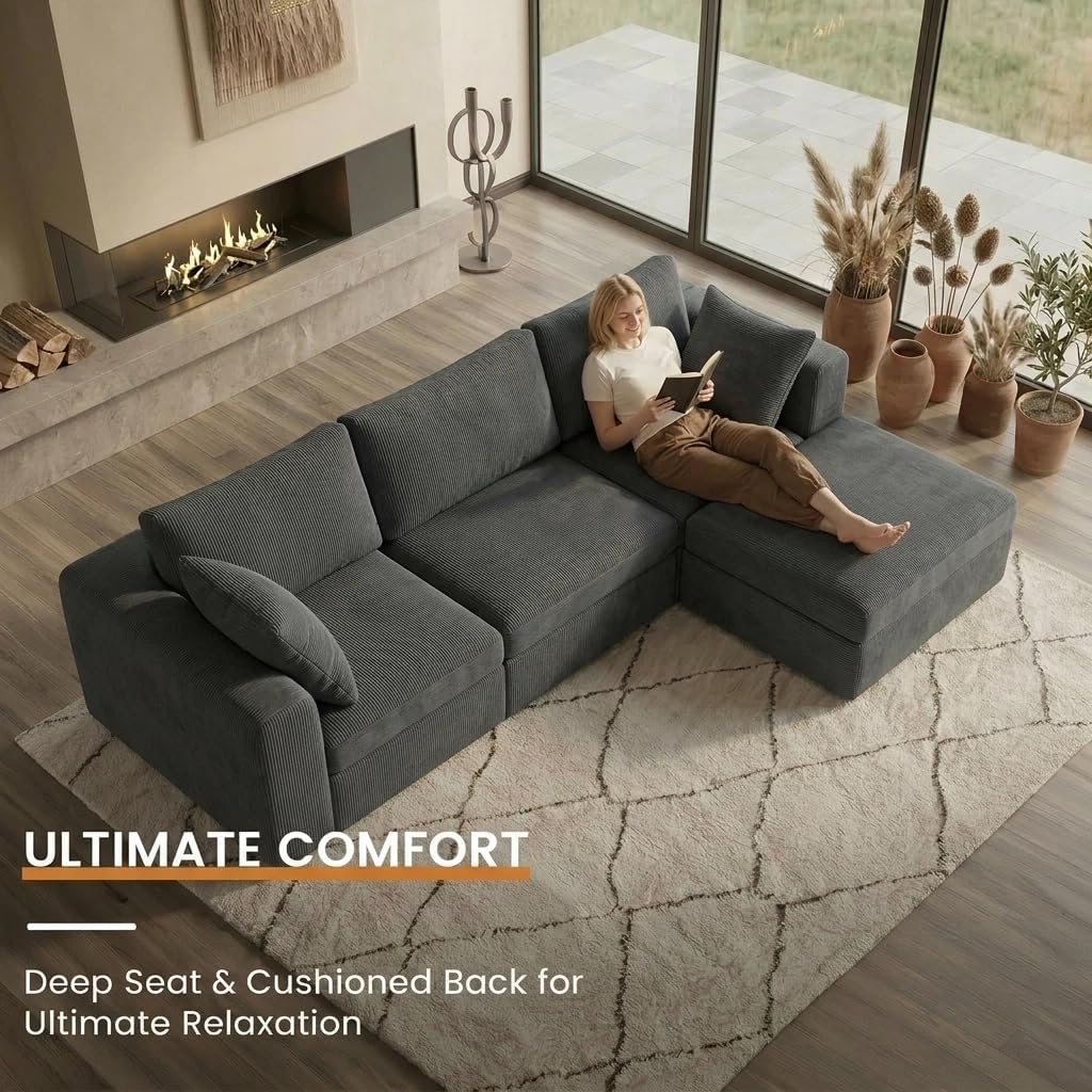 104' Cloud Sectional Couch, Boneless Modular L Shaped Couch, Upholstered Living Room Couch with Deep Seat, Modular Sectional Sofa, No Assembly Required, Grey