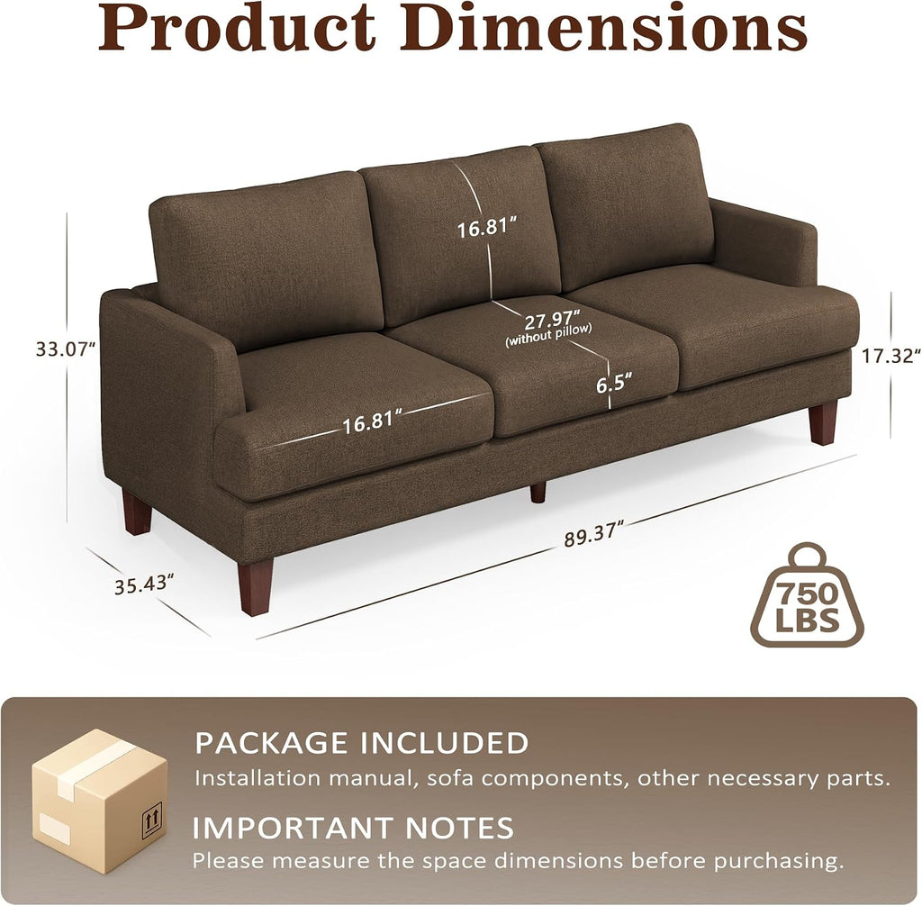 Gericco Mid Century Modern Couches for Living Room, 89' Comfy Brown Couch Sofa with 3-Seater Deep Seats, Upholstered Sofas for Living Room, Office Apartment, Bedroom
