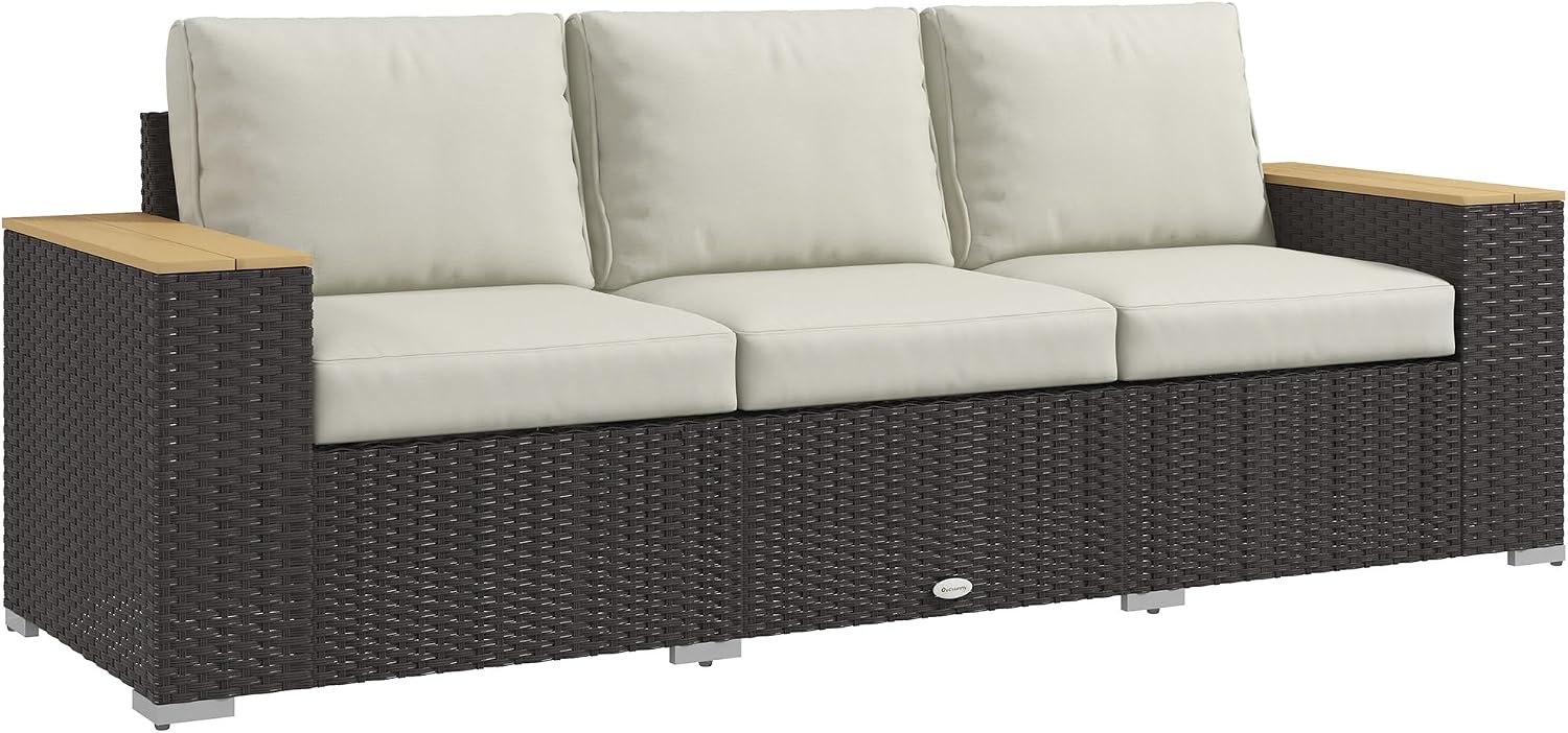 Outsunny 3-Seat Outdoor Patio Sofa with 24.5' Extra Wide Deep Seats, PE Wicker Sofa with Wide Wood Effect Armrests and 4' Cushions, Rattan Outdoor Couch for Porch, Garden, Poolside, Beige