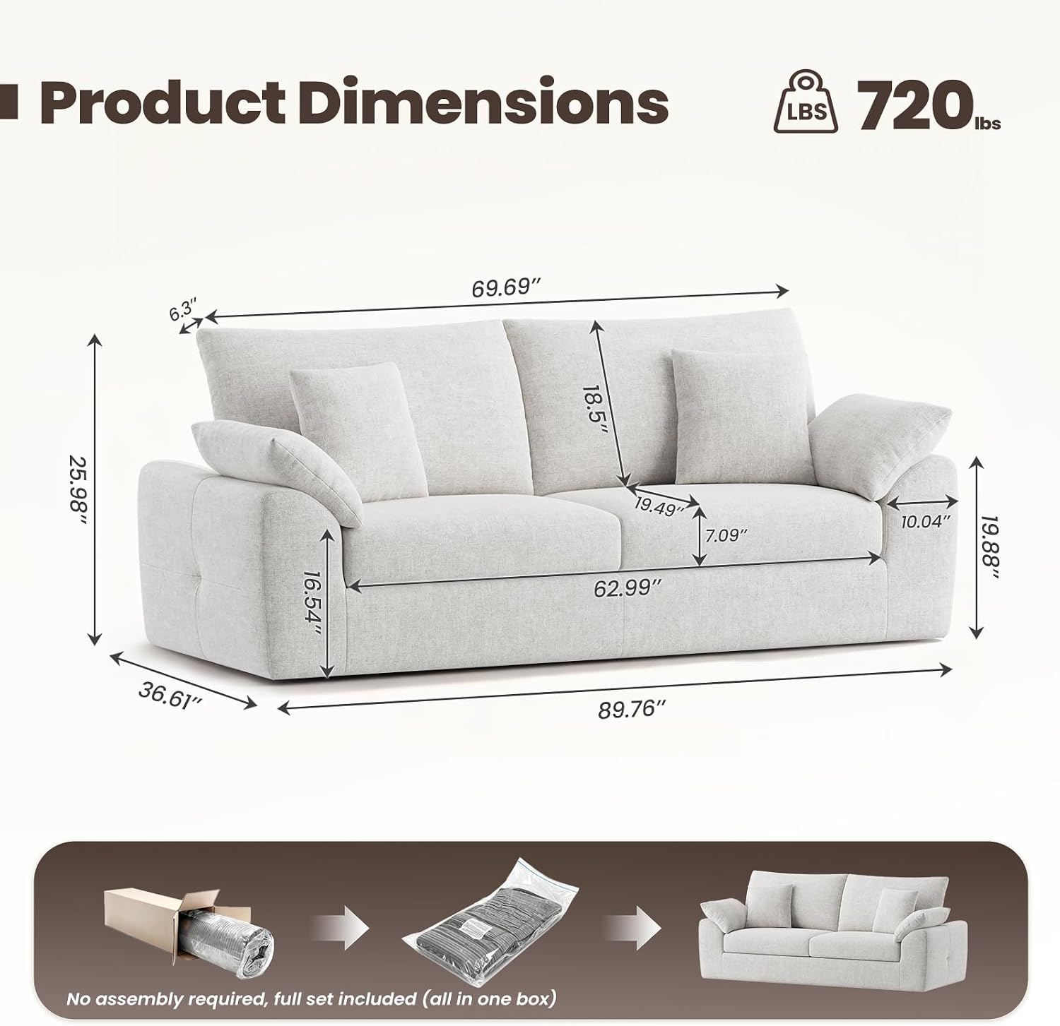 MALOL 90' Boneless Loveseat Sofa, Cloud Foam Couch, 3 Seater Upholstered Midcentury Mondern Love Seat, Wide Armrest and 4 Pillows for Home Living Room/Small Spaces, No Assembly Required, Beige