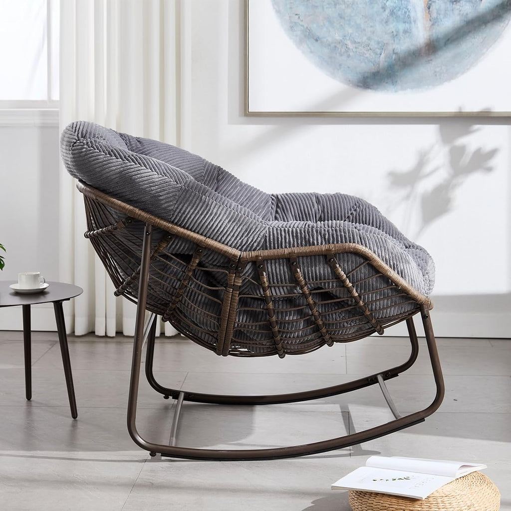 JEEOHEY Papasan Rocking Chairs Outdoor Indoor, Oversized Rattan Rocker Patio Chair with Padded Cushion, Comfy Modern Indoor Egg Chair for Living Room, Bedroom, Porch, Garden, Balcony(Corduroy, Grey)