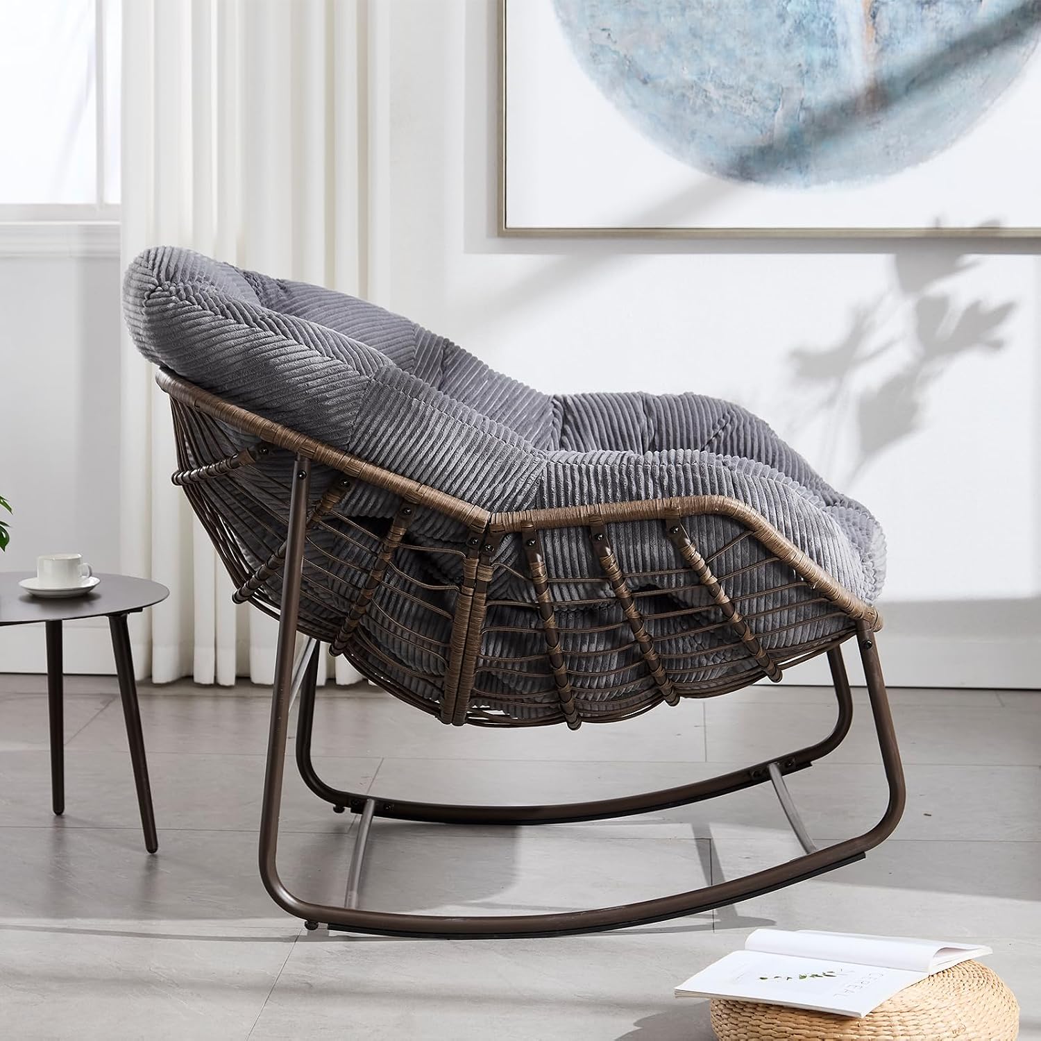 JEEOHEY Papasan Rocking Chairs Outdoor Indoor, Oversized Rattan Rocker Patio Chair with Padded Cushion, Comfy Modern Indoor Egg Chair for Living Room, Bedroom, Porch, Garden, Balcony(Corduroy, Grey)