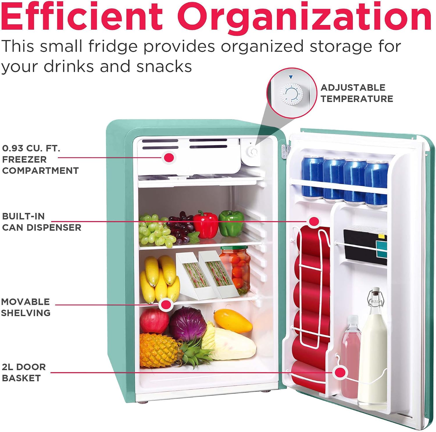 Frigidaire Retro Compact Refrigerator with Chiller, 3.2 cu ft Countertop Fridge, Built-In Bottle Opener, Rounded Corners, Premium, for Office, Bedroom, Dorm Room, Cabin, 18.5D x 20W x 31.5H (Mint)