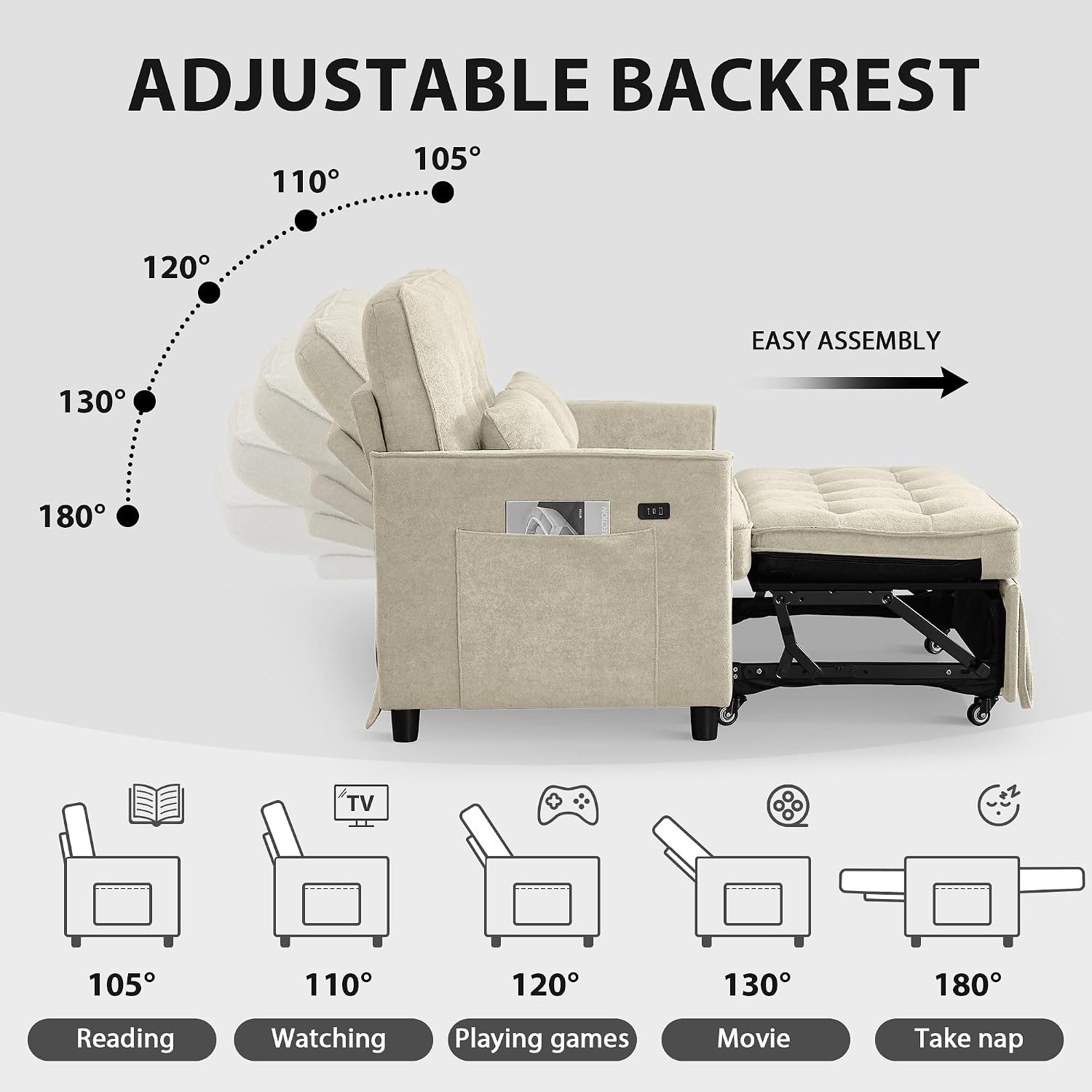 Convertible Sofa Bed, 3 in 1 Pull Out Couch, Loveseat Sleeper with Side Pocket, Living Room Sofa with Adjustable Backrest | USB Charging Port | Two Pillows | Fabric | Beige Couch