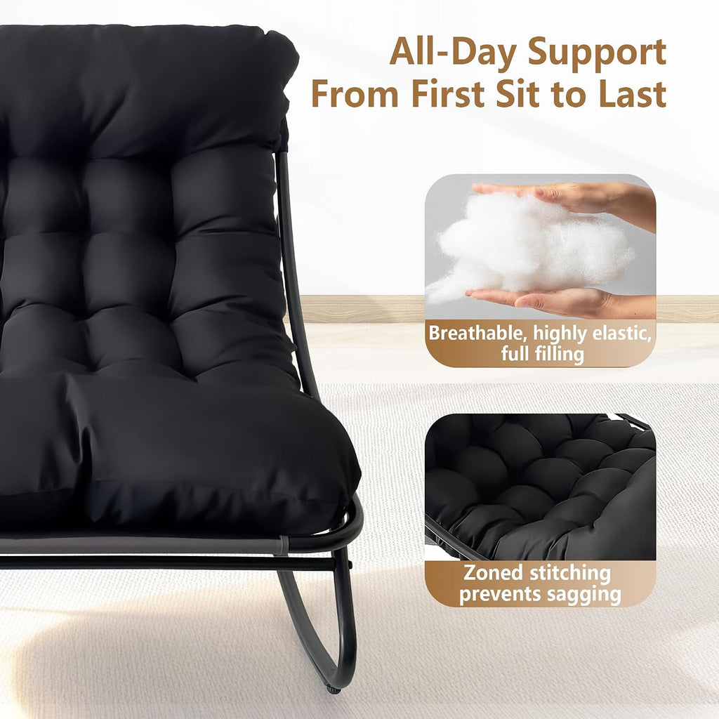 Outdoor Rocking Chair with Ottoman, Comfy Oversized Papasan Chair, Modern Upholstered Egg Gliders, 300 Lbs Wide Recliner Lounge Rocker for Bedroom, Living Room, Patio, Porch, Balcony(Black)