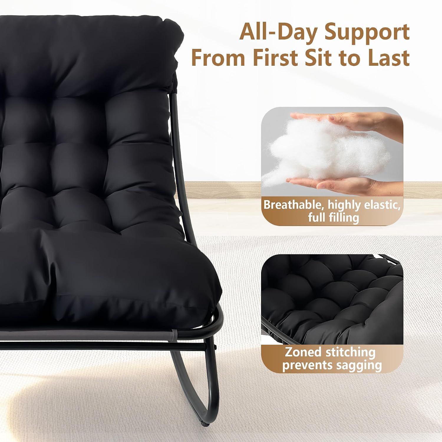Outdoor Rocking Chair with Ottoman, Comfy Oversized Papasan Chair, Modern Upholstered Egg Gliders, 300 Lbs Wide Recliner Lounge Rocker for Bedroom, Living Room, Patio, Porch, Balcony(Black)