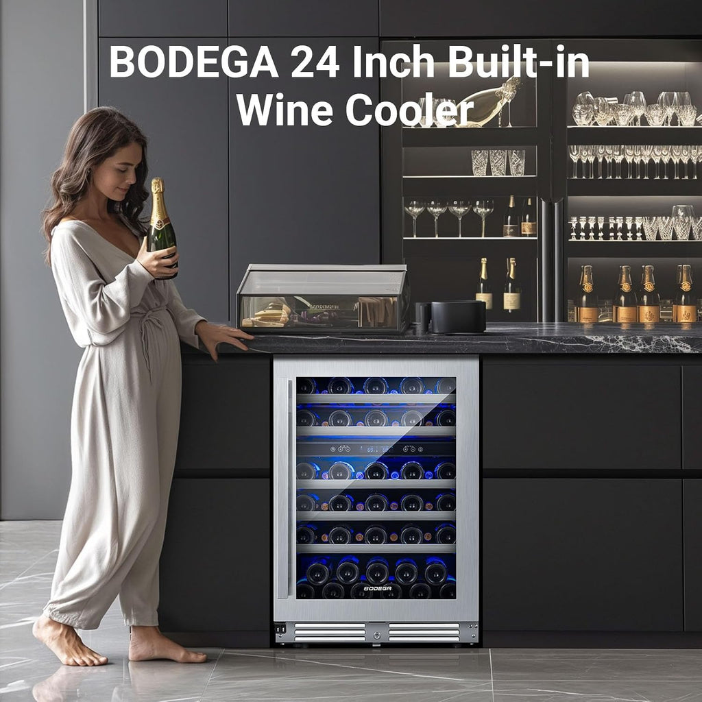 BODEGA 56 Bottle Wine Cooler, 24 Inch Dual Zone Wine Fridge with Double-Layer Glass Door, Wine Cooler Refrigerator with Digital Temperature Control and Temperature Memory, Wine Cooler for Home