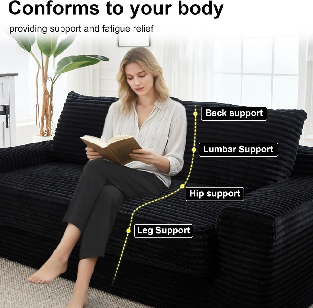 GNIXUU 71' Corduroy Cloud Loveseat Sofa, 2 in 1 Convertible Black Boneless Sleeper Sofa with Fixed-Shape Frame, Comfy Folding Love Seat Couches for Living Room, Apartment, Small Spaces
