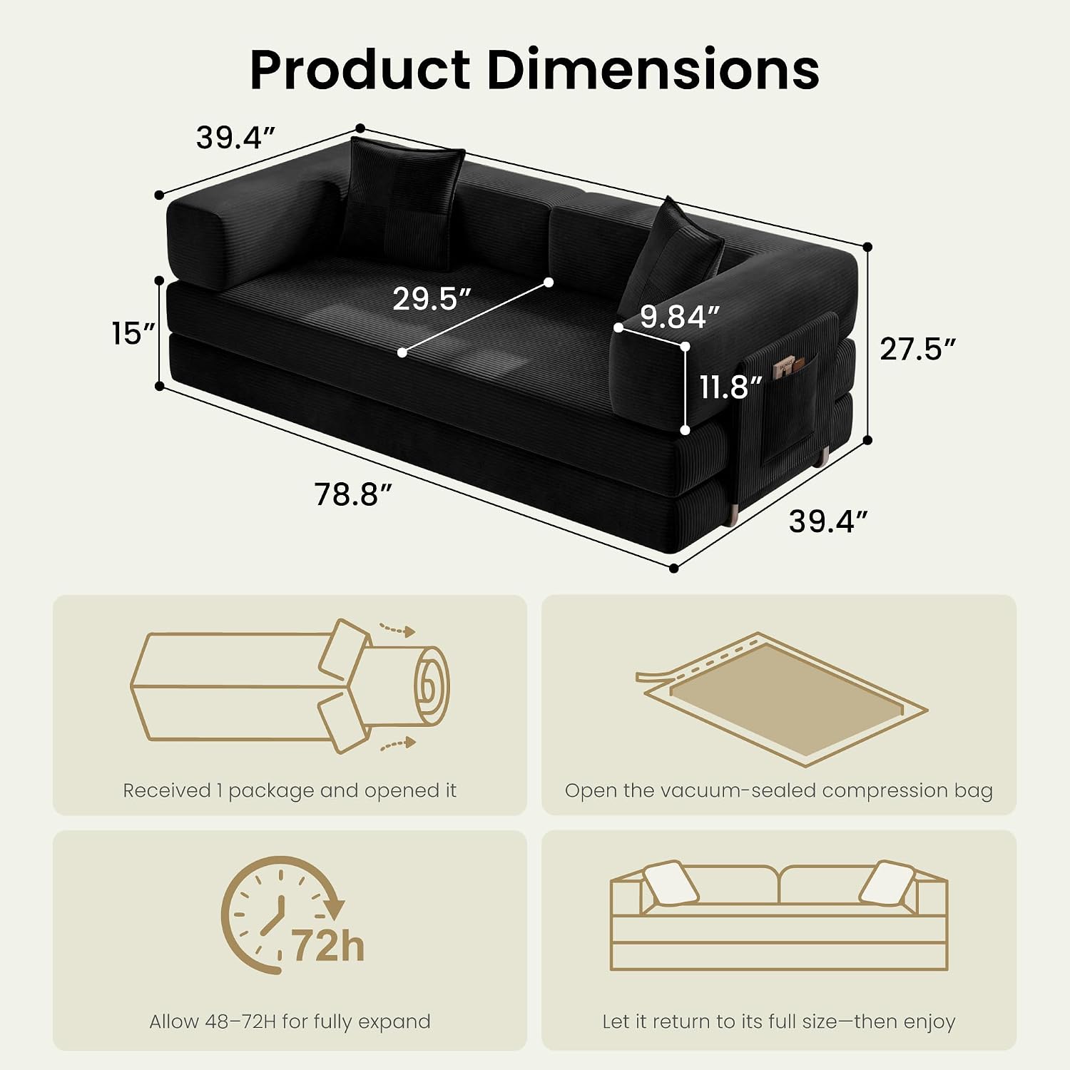 78.8' Convertible Sofa Bed,Corduroy Futon Couch with Storage Pocket,Folding Pull Out Futon Sofa, No Assembly Boneless Couch for Living Room,Black