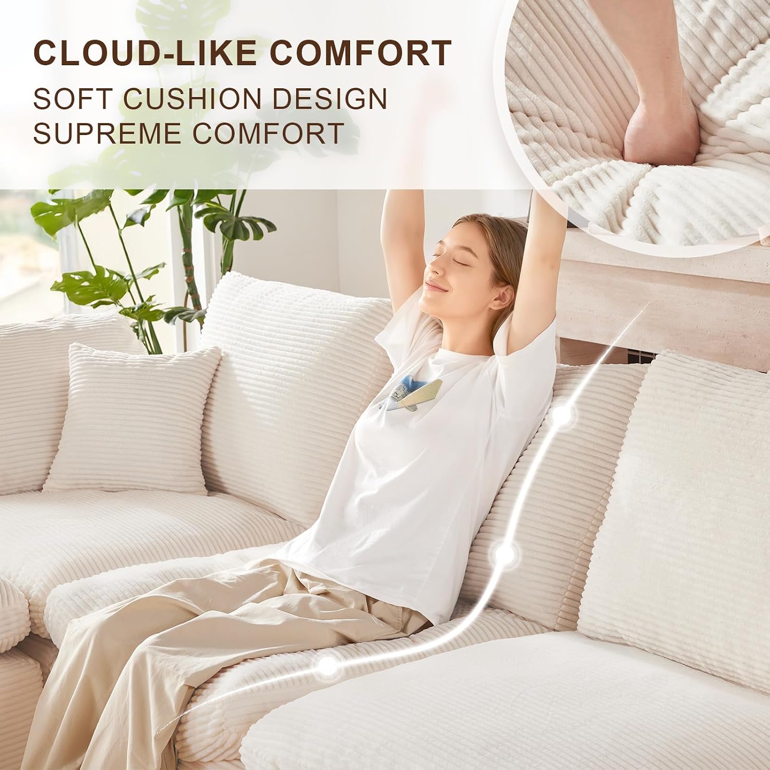 143' Cloud Sectional Couch, Boneless couches for Living Room, U Shaped Couch with Convertible Ottoman, Modular Sectional Sofa with Deep Seat, Comfy Soft Cushions, No Assembly, Beige
