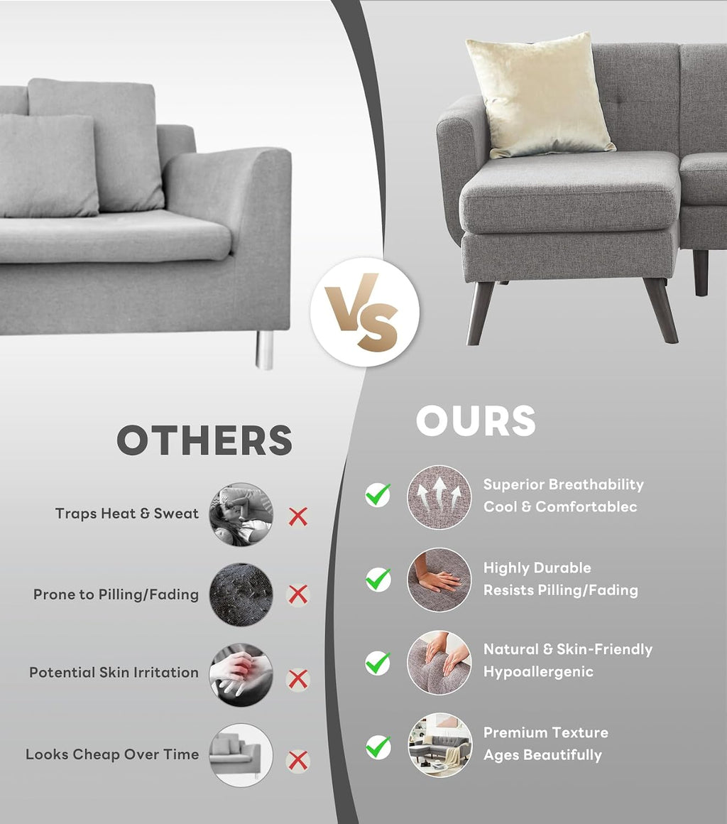 Tbfit L Shaped Couch Sofa, 80' W Mid-Century Modern Sectional Couches, 3 Seater Sofas with Wide Chaise Lounge, Button Tufted Upholstered Sectional Sofa for Living Room, Bedroom, Gray