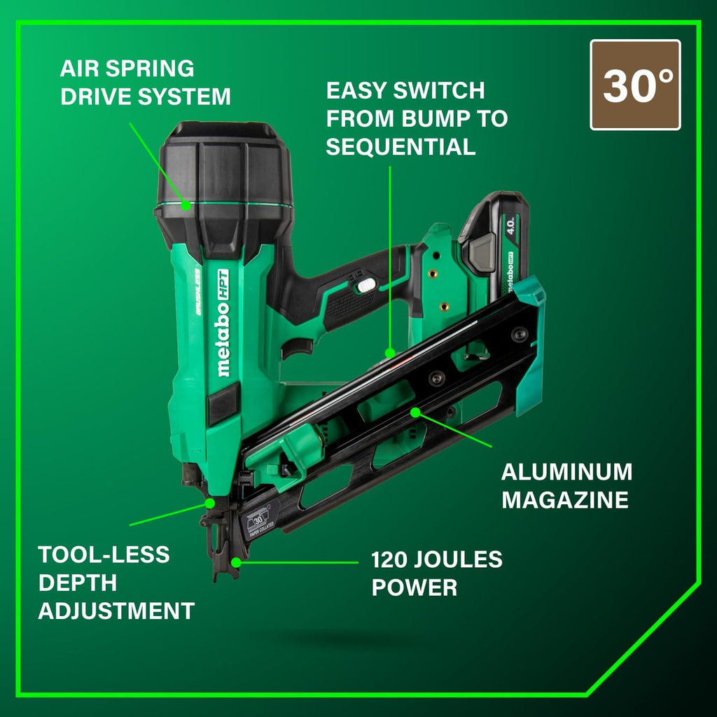 Metabo HPT 18V MultiVolt Cordless 30° Paper Tape Framing Nailer Kit, 3-1/2' Framing Nailer, Power Tool with 4.0Ah Lithium Ion Battery, Drives 2' to 3-1/2' Nails, Powerful Brushless Motor, NR1890DCA