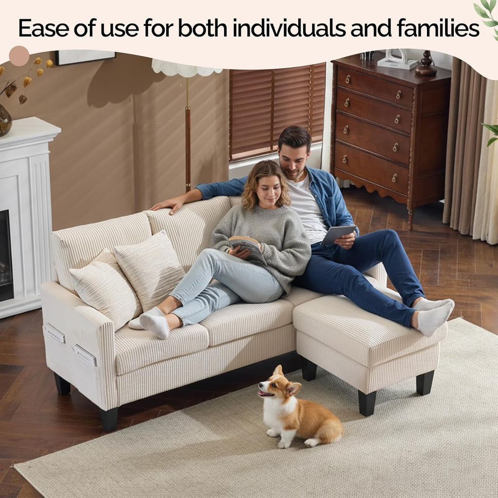 VINGLI 68.5' L Shaped Couch with Movable Storage Ottoman, Convertible Sectional Sofa in Soft Corduroy Fabric, Modern Reversible Chaise Couch for Small Spaces, Apartment, Living Room，Cream White