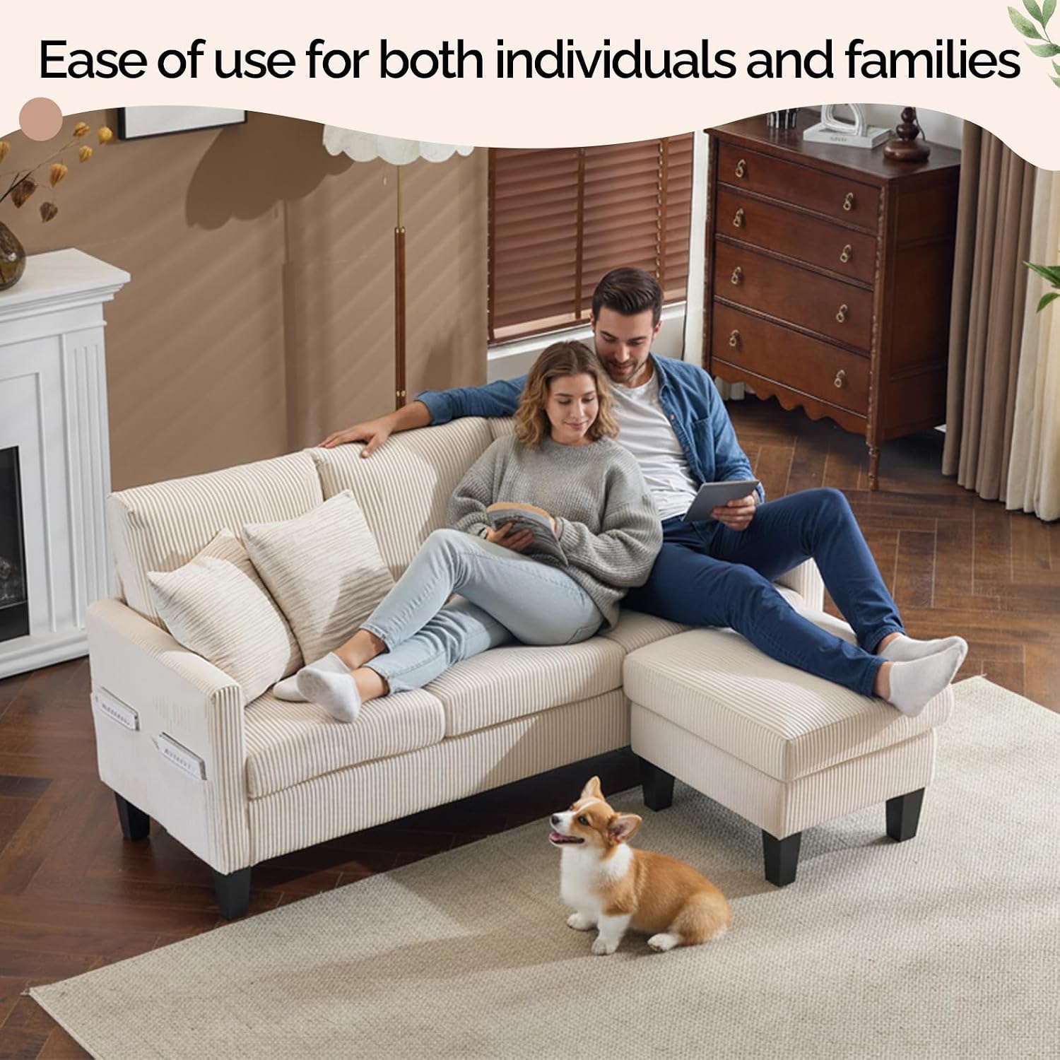 VINGLI 68.5' L Shaped Couch with Movable Storage Ottoman, Convertible Sectional Sofa in Soft Corduroy Fabric, Modern Reversible Chaise Couch for Small Spaces, Apartment, Living Room，Cream White
