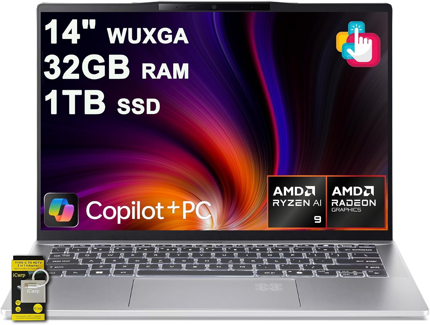 acer Swift 14 AI Portable Laptop 14' WUXGA Matte Touchscreen AMD 10-core Ryzen AI 9 365 (Up to 50 NPU Tops - Up to 73 GPU Tops) 32GB RAM 1TB SSD for Creator Business Work Win11 ICP Hub