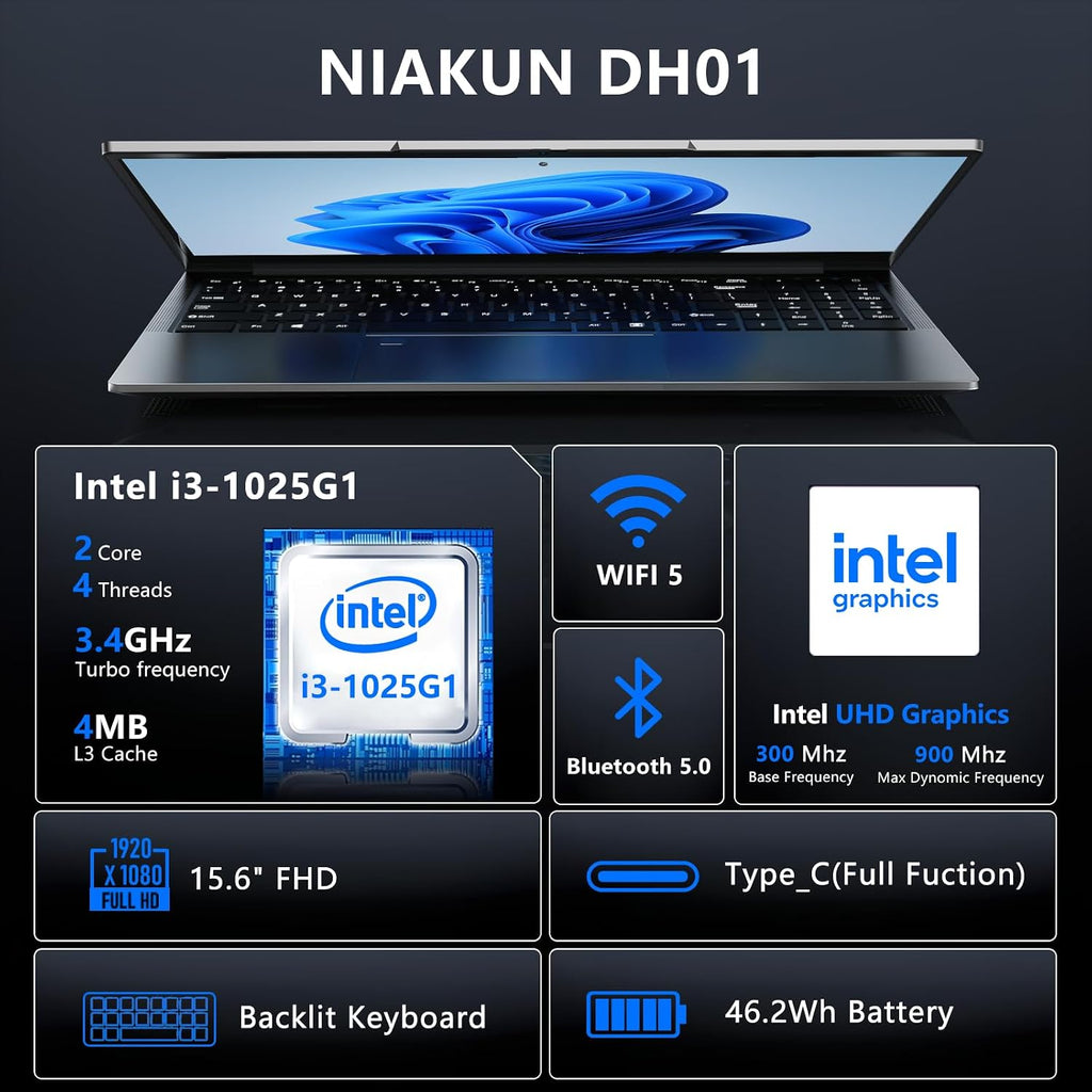 NIAKUN Gaming Laptop, Window 11 Pro Laptop Computer 2026,15.6 Inch Lap Top, 10th Gen i3 Processor (Beat N150, N100), 16GB RAM, 512GB SSD, FHD Display, WIFI5, BT5.0, Backlit Keyboard