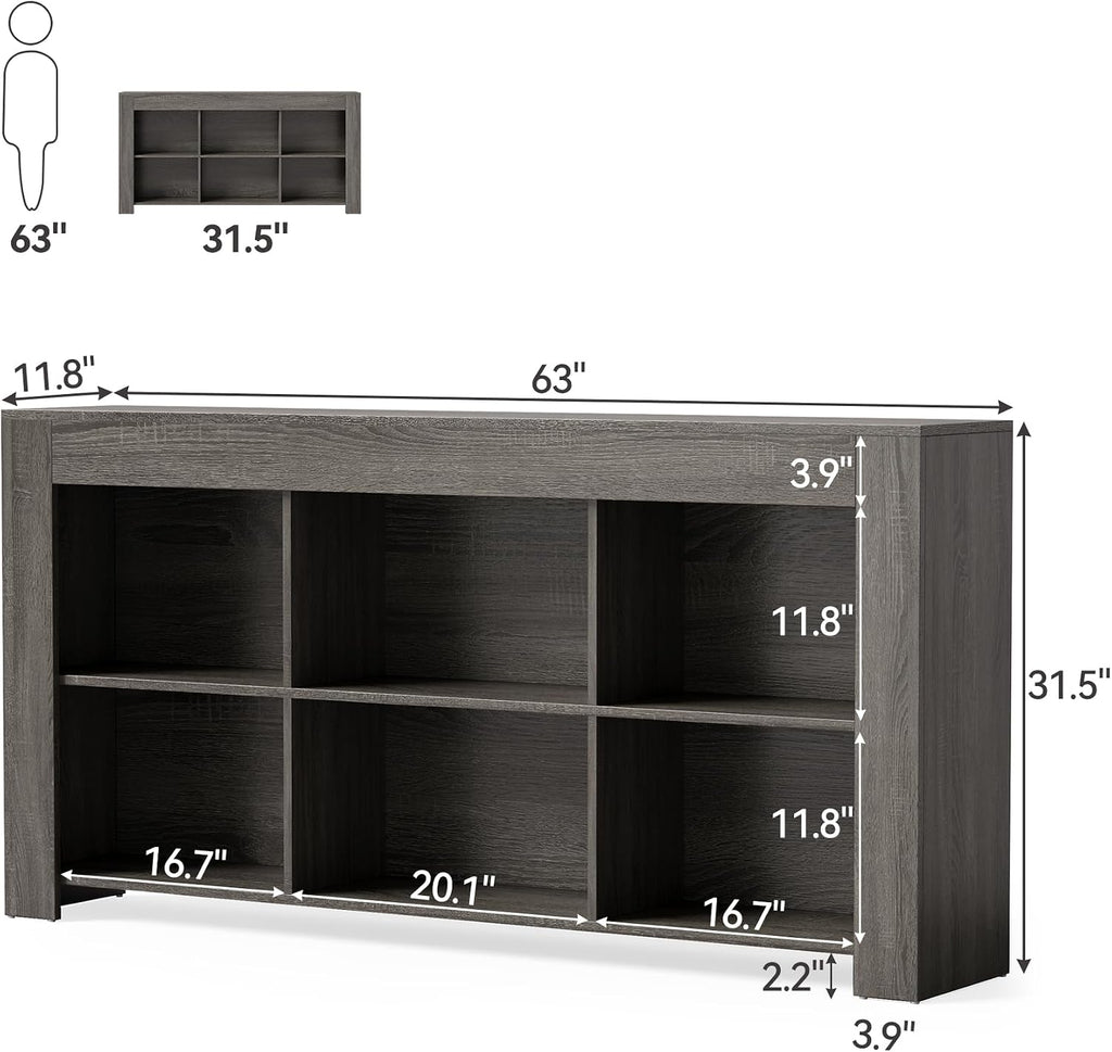 LITTLE TREE Console Table with Storage, 63-Inch Long Sofa Table, Entryway Table with Cubes, Farmhouse Storage Shelves for Entryway, Living Room, Grey + Black