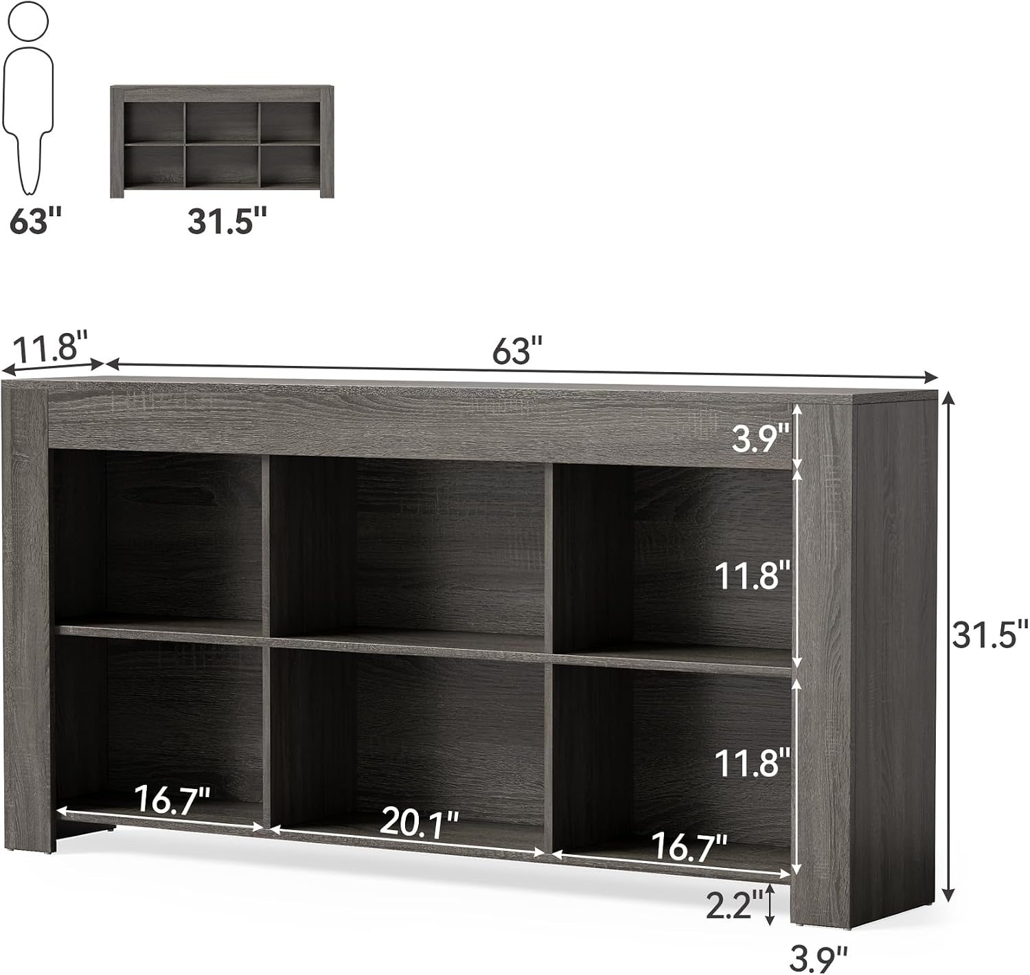 LITTLE TREE Console Table with Storage, 63-Inch Long Sofa Table, Entryway Table with Cubes, Farmhouse Storage Shelves for Entryway, Living Room, Grey + Black