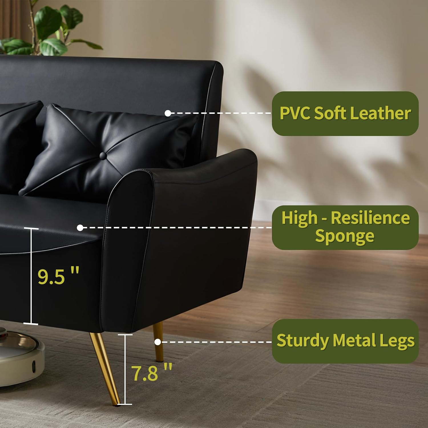 Brelice 48' Faux Leather Loveseat Sofa, Modern Small Couch for Small Space with 2 Pillows, 2 Seater Couch for Living Room, Bedroom, Office, Apartment (Black)
