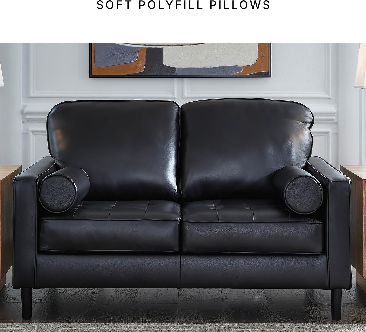 Signature Design by Ashley Bryceview Mid-Century Leather Match Tufted Loveseat with 2 Bolster Pillows, Black