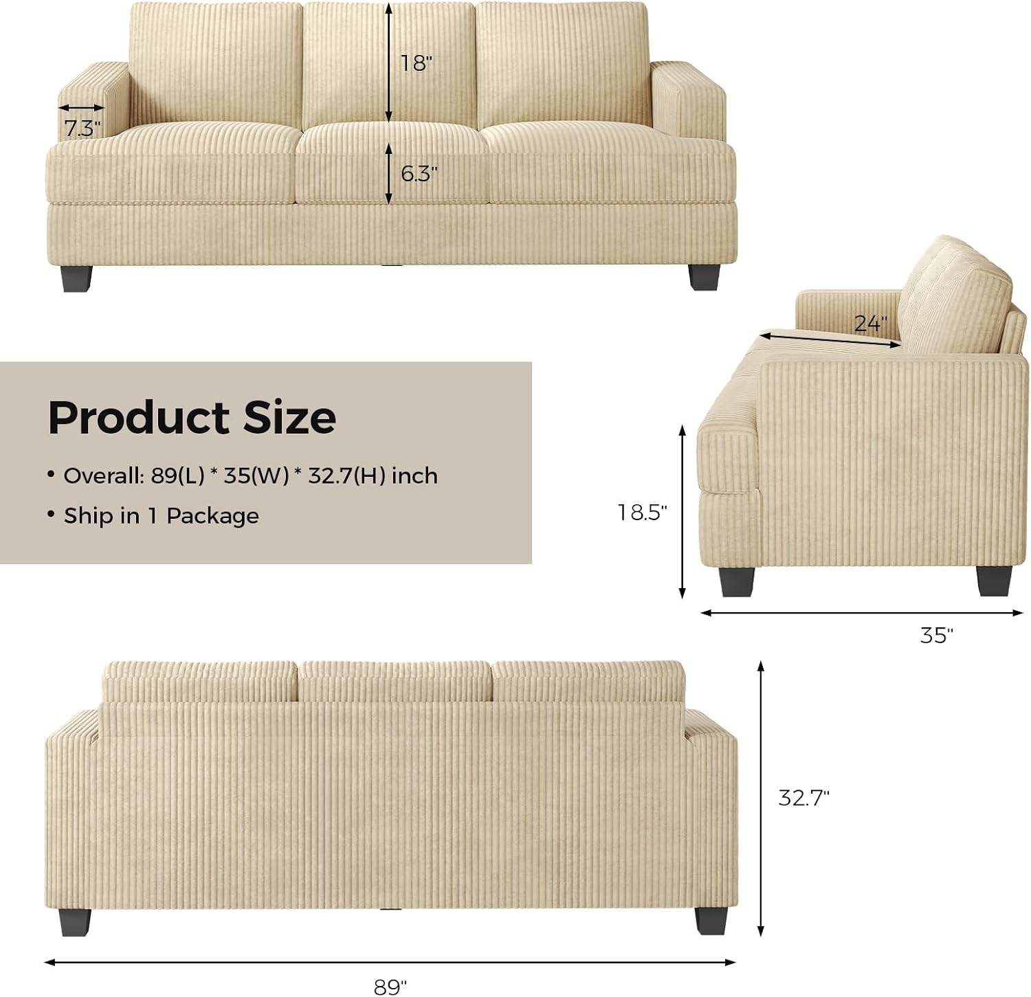 COPIAE 89 Inch Sofa with Extra Deep Seats Oversize, 3 Seater Sofa for Living Room, Modern Couch and Sofa, Comfy Armrests and Seats and Backrests, Easy Installation,Wide Corduroy Fabric Beige