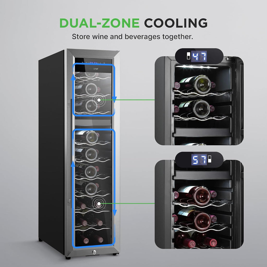 NutriChef 27 Bottle Wine Fridge | Dual Zone Adjustable Temperature Control 41°F to 64°F | Ultra Quiet Operation | Wine Cooler for Home, & Office | FreeStanding 43x11x23 in (Black)