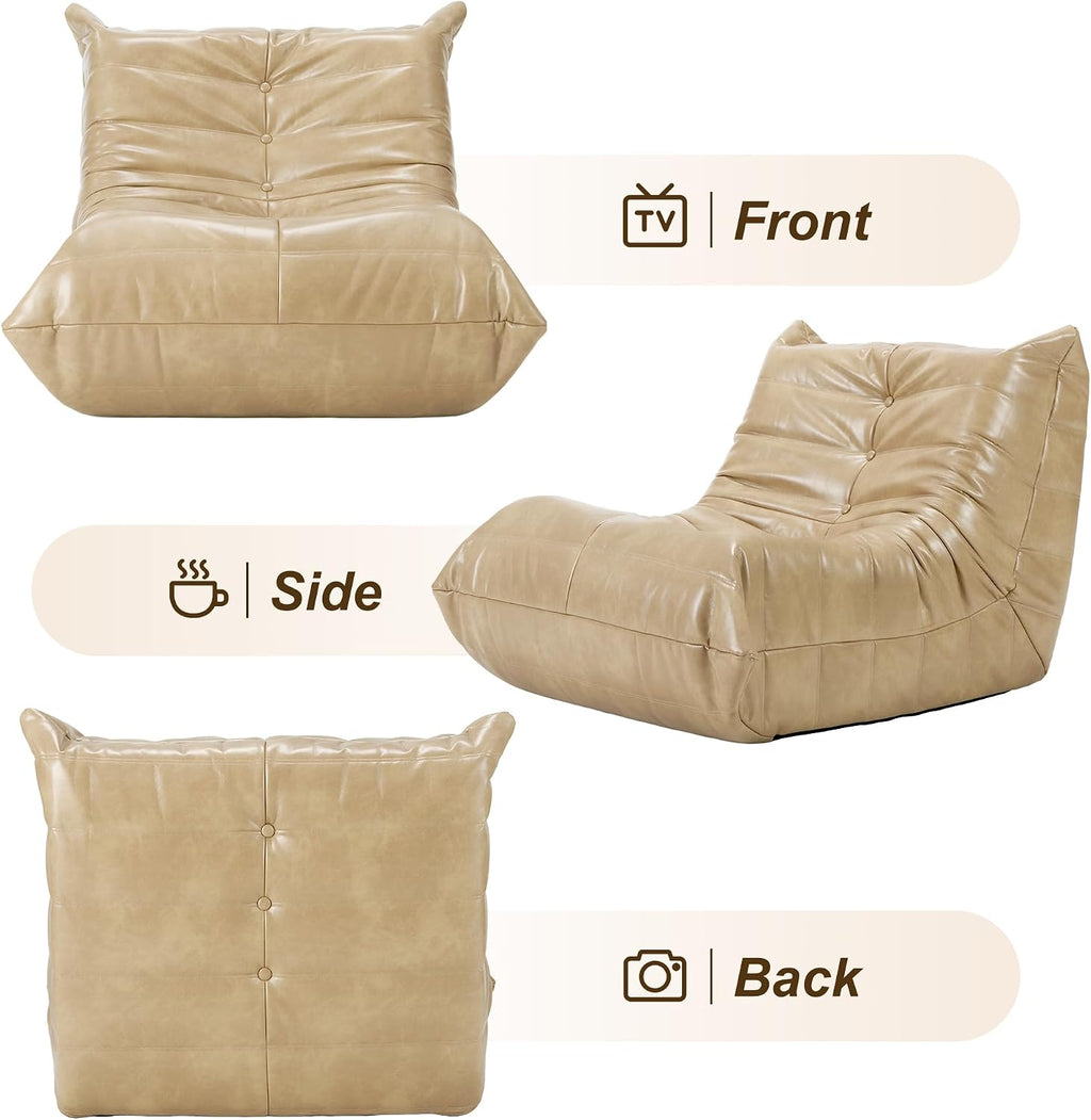 Hobestluk Giant Bean Bag Chair Lazy Floor Sofa, Memory Foam Fireside Sofa for Adults, Big Beanbag Faux Leather Armless Chair for Living Room Bedroom Dorm Office (Khaki, Single)