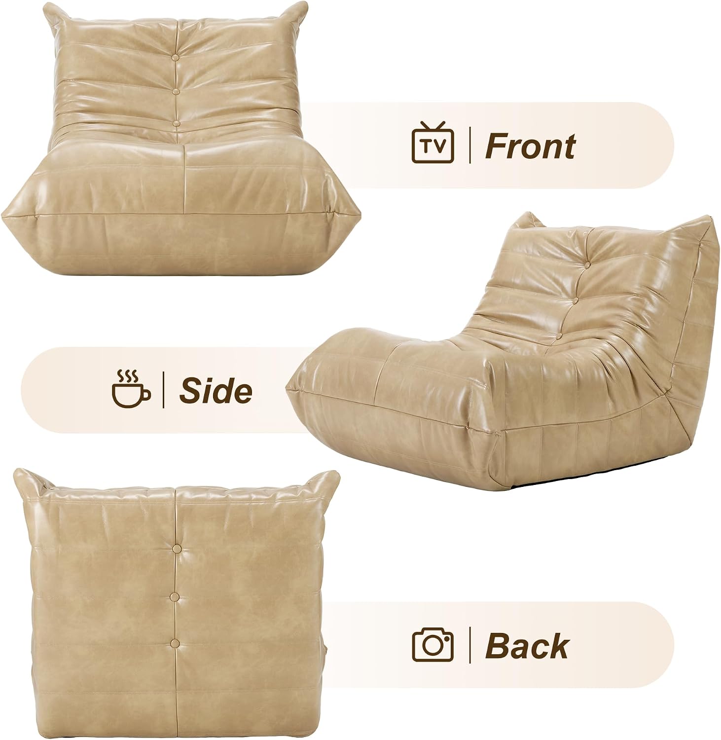 Hobestluk Giant Bean Bag Chair Lazy Floor Sofa, Memory Foam Fireside Sofa for Adults, Big Beanbag Faux Leather Armless Chair for Living Room Bedroom Dorm Office (Khaki, Single)