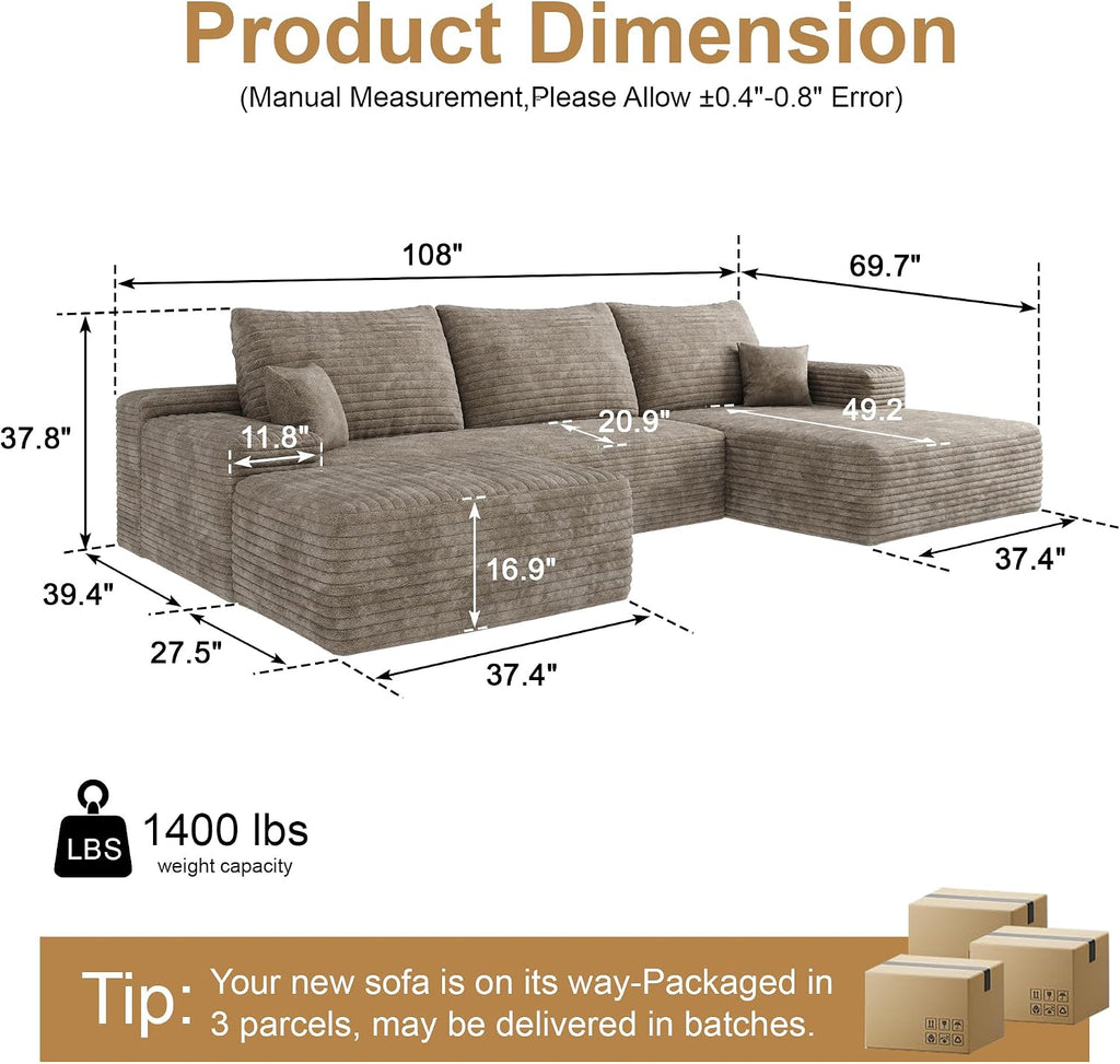 AUGOP 108' Sectional Couches for Living Room Modern Modular Sofa with L-Shape Couchs Upholstered Boneless Couch Deep Seat Sectional Couch with Chaise (Camel, Right Facing Chaise+2Seaters+1Ottoman)