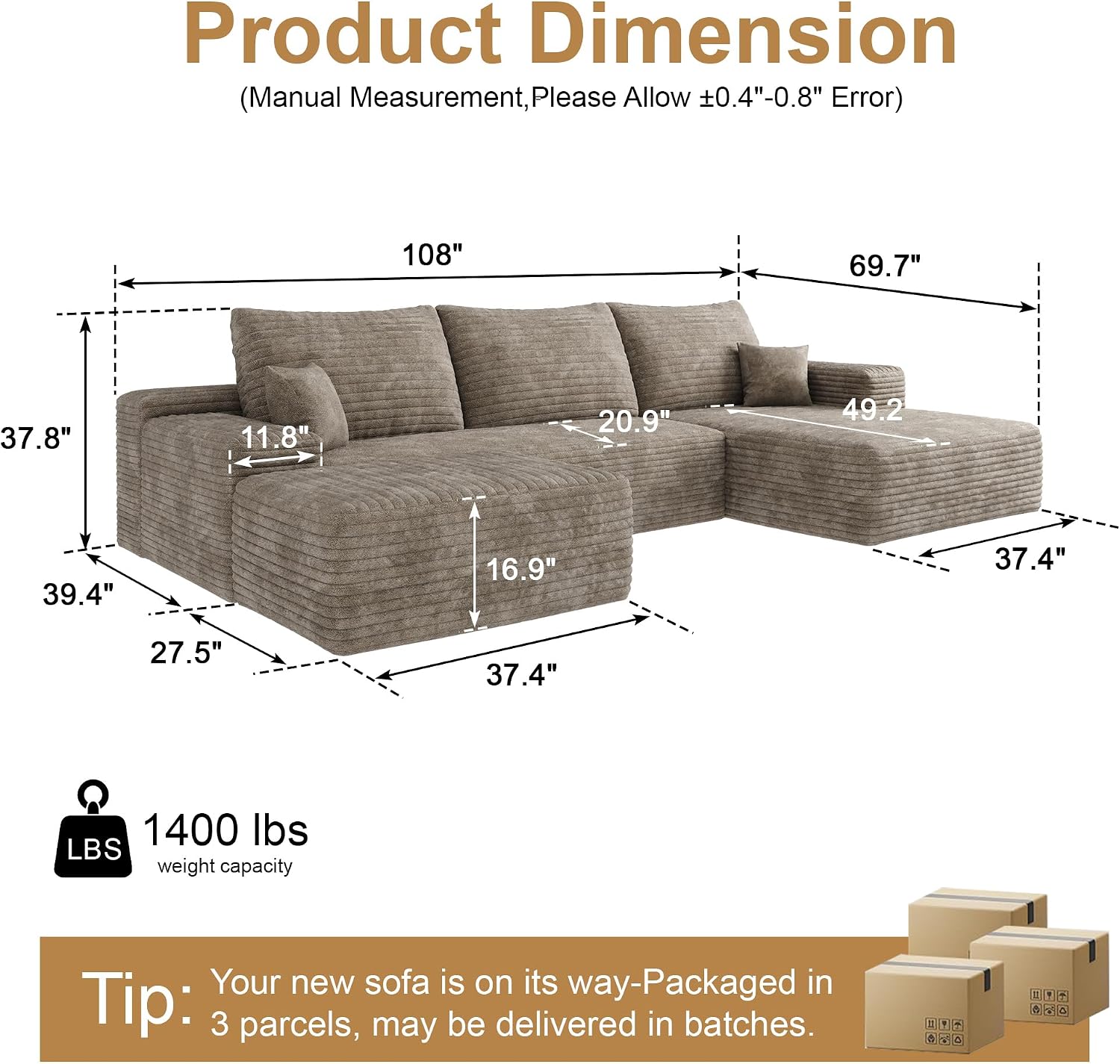 AUGOP 108' Sectional Couches for Living Room Modern Modular Sofa with L-Shape Couchs Upholstered Boneless Couch Deep Seat Sectional Couch with Chaise (Camel, Right Facing Chaise+2Seaters+1Ottoman)