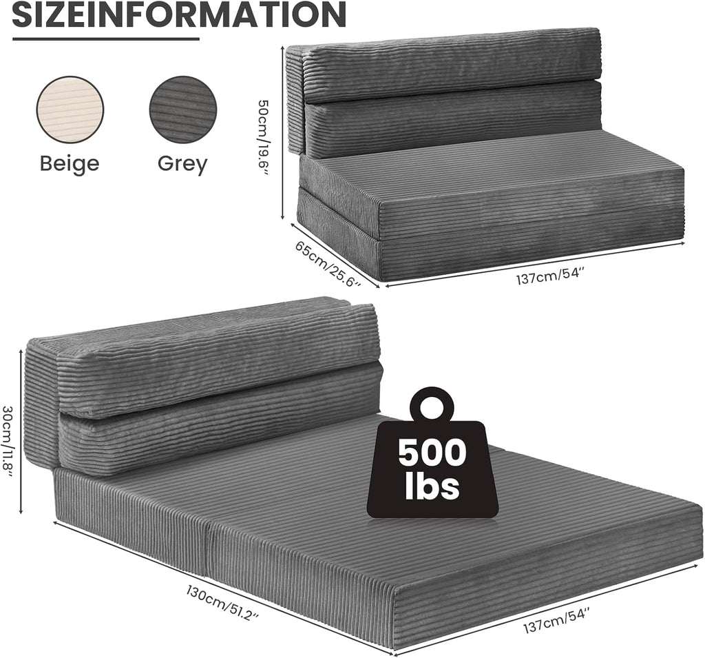 JUIKURY Folding Sofa Bed, Convertible Sleeper Chair with Pilow Foldable Matress, 2 in 1 Pull Out Loveseat Sofa Portable Fold Out Chair Bed Floor Couch Lounge for Living Room Bedroom (Grey, Full)