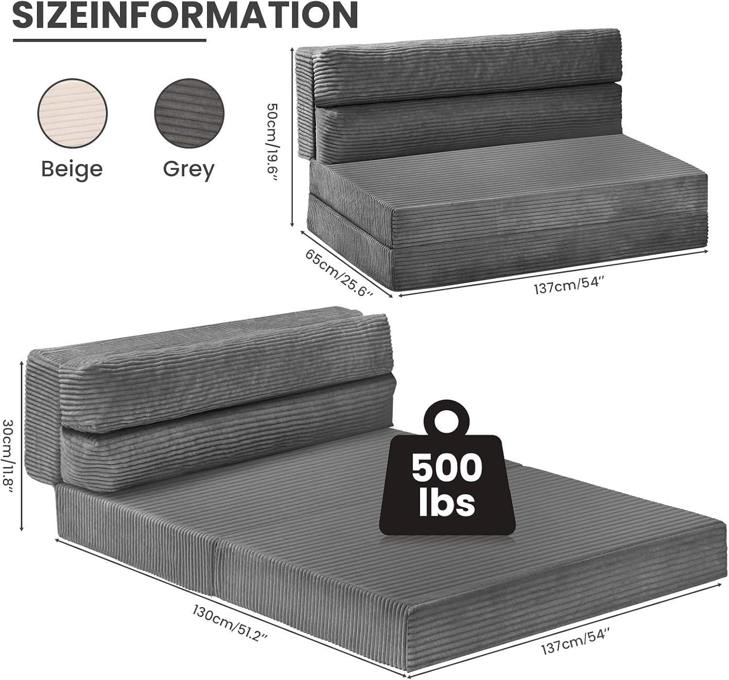 JUIKURY Folding Sofa Bed, Convertible Sleeper Chair with Pilow Foldable Matress, 2 in 1 Pull Out Loveseat Sofa Portable Fold Out Chair Bed Floor Couch Lounge for Living Room Bedroom (Grey, Full)