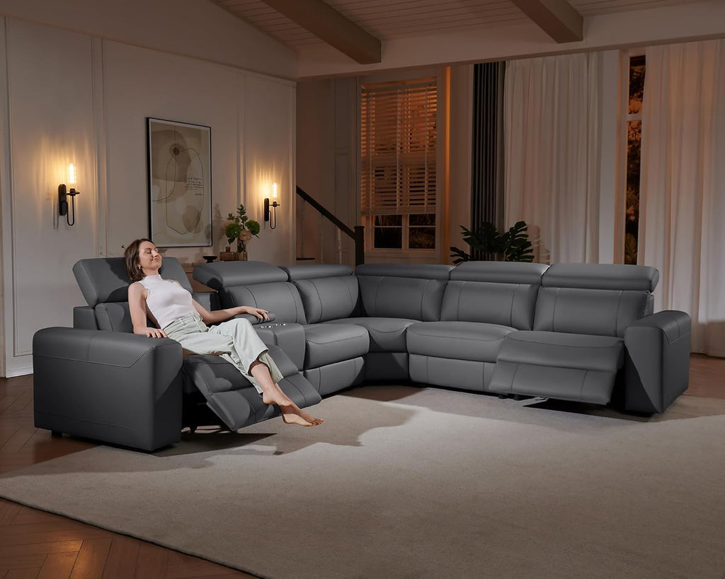 AMERLIFE Power Recliner Sectional Sofa with Storage/USB Port, Leather Recliner Sofa with Adjustable Headrest, Reclining Sectional Couches with Console and Cup Holder for Living Room (Gray, 5-Seater)