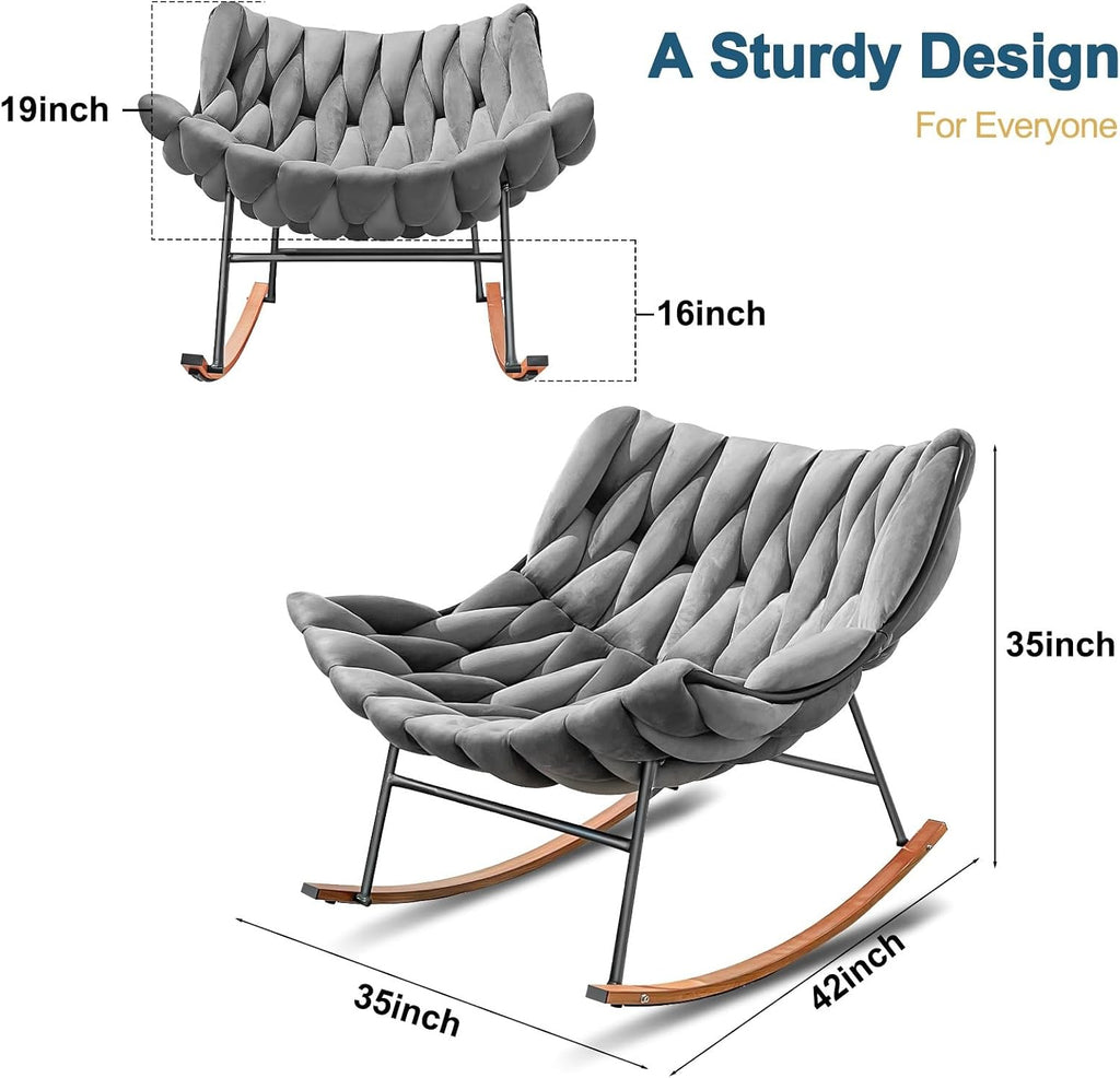 Outdoor Royal Rocking Chair, Velvet Papasan Rocking Chair – 30° Rocker, Outdoor Patio Egg Reclining Lounge Rocking Chair for Balcony Porch Patio, Braided Design