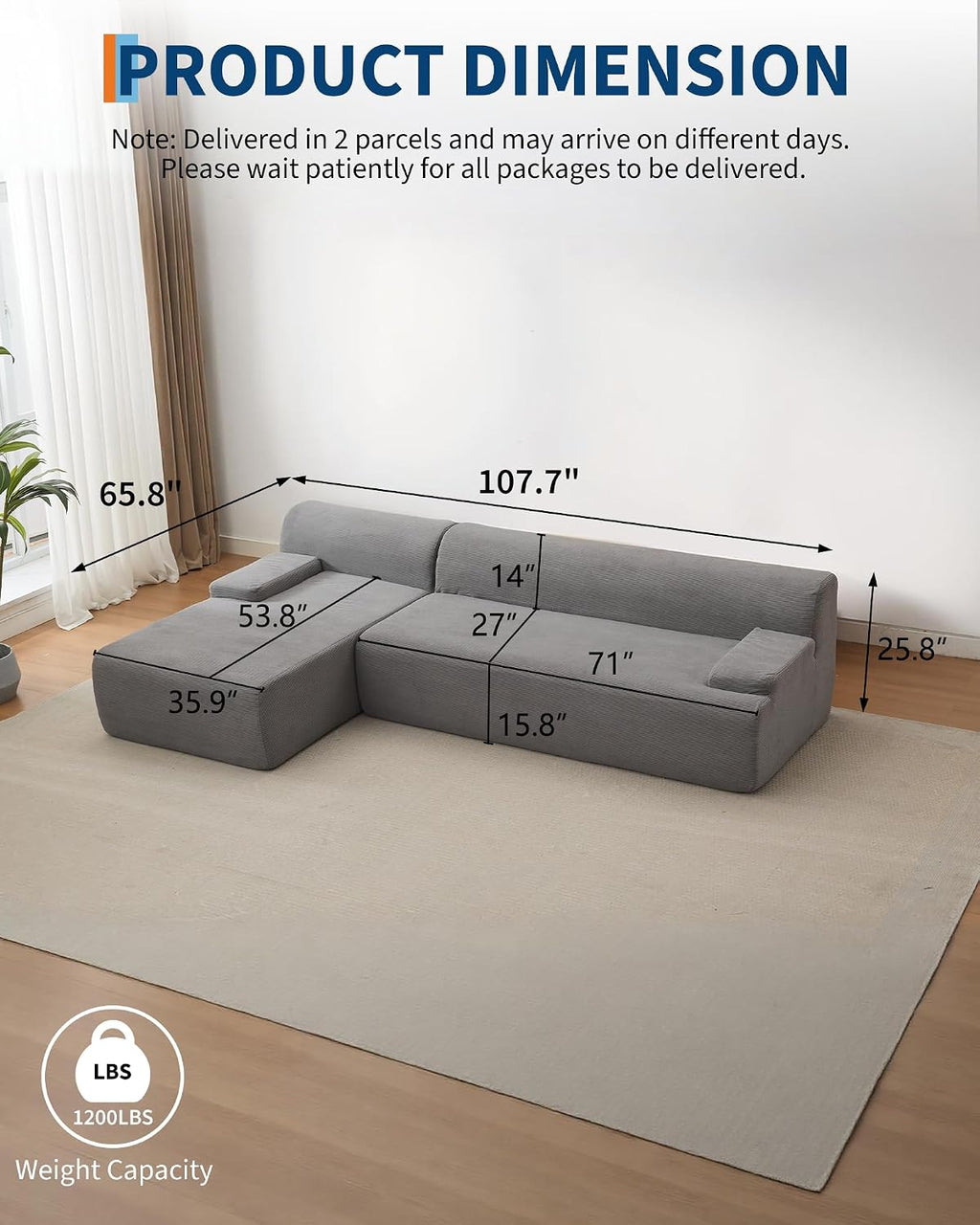 Garvee 108'' Modular Sectional Sofa, Left Facing Chaise L-Shaped Boneless Couch, Ultra Deep Seat Modern Sectional Sofa for Living Room, 5mm Wale Corduroy Fabric, Gary