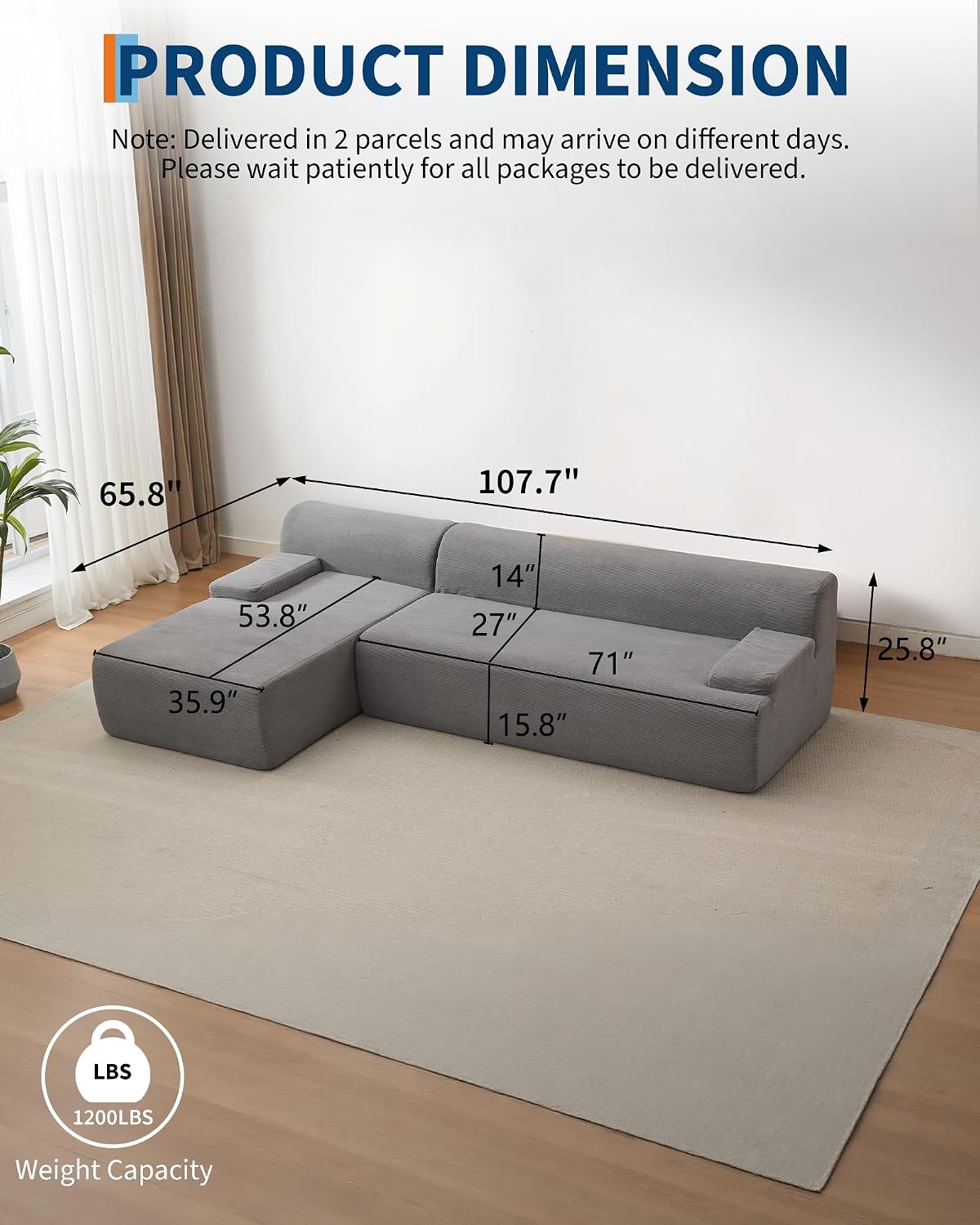 Garvee 108'' Modular Sectional Sofa, Left Facing Chaise L-Shaped Boneless Couch, Ultra Deep Seat Modern Sectional Sofa for Living Room, 5mm Wale Corduroy Fabric, Gary