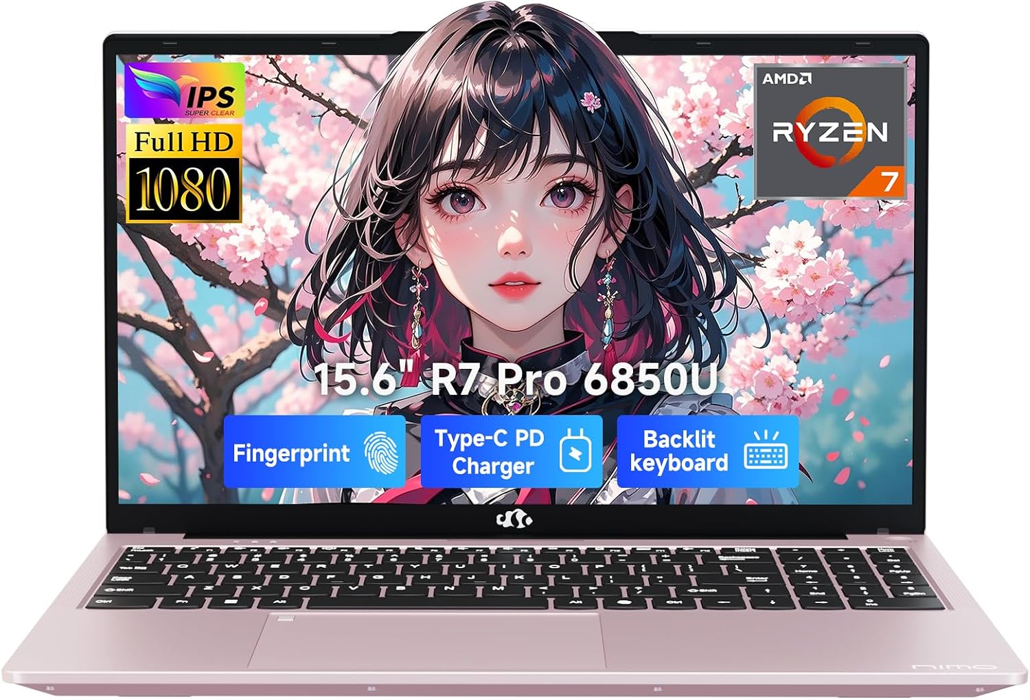 NIMO 15.6' Light-Gaming-Laptop, 8 Cores AMD Ryzen 7 Pro 6850U 16GB LPDDR5 RAM 256GB SSD (Beat i7-1360P Up to 4.7GHz) AMD Radeon 680M GPU IPS FHD Computer with 100W Type-C Backlit Keyboard Fingerprint