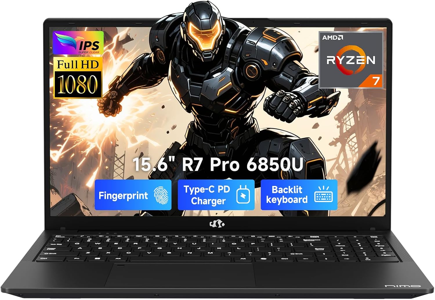 NIMO 15.6' Light-Gaming-Laptop, 8 Cores AMD Ryzen 7 Pro 6850U 16GB LPDDR5 RAM 1TB SSD (Beat i7-1360P Up to 4.7GHz) AMD Radeon 680M GPU IPS FHD Computer with 100W Type-C Fingerprint Backlit Keyboard
