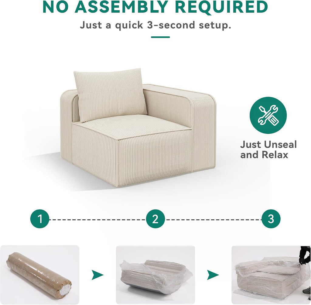DWVO 107 Inch Cloud Sectional Couch with L-Shape Chaise, Deep Seat Sofa with 3 Pillows, 1 Ottomans Corduroy Upholstered Modular Sofa for Living Room Bedroom, No Assembly Required, Milky White