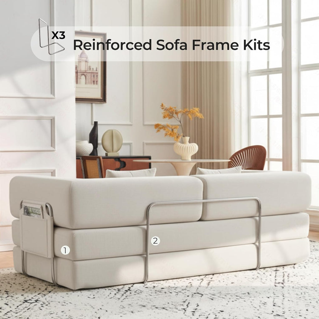 Carzzi-Life 79' Convertible Sofa Bed with Pillows, Corduroy Folding Sleeper Sofa with Fixed-Shape Frame, Boneless Couch for Living Room Bedroom, Floor Sofa Lounge No Assembly Required (Beige)