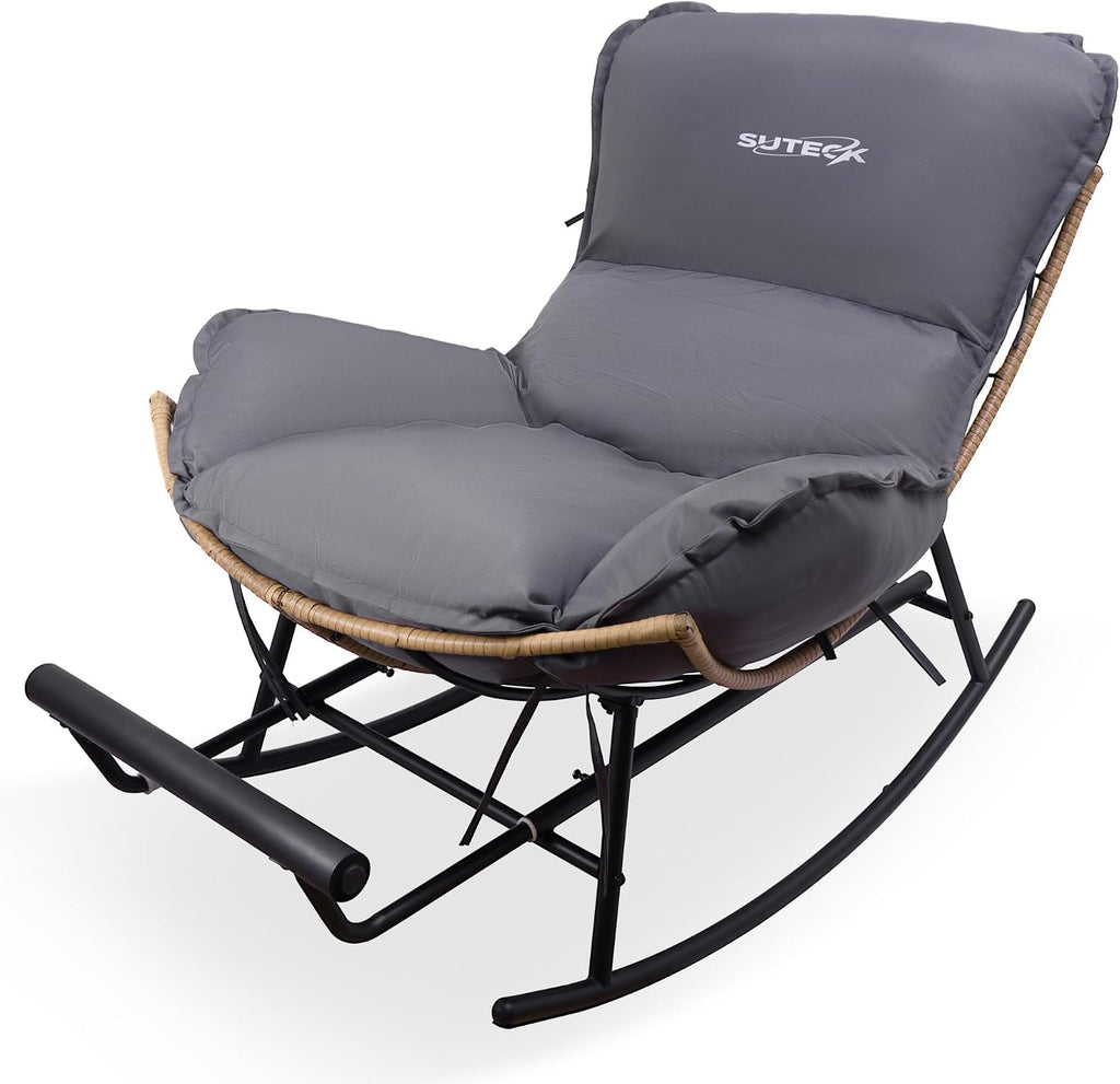 Suteck Papasan Rocking Chair - Oversized Metal Rocking Chair with All Weather PE Wicker Rattan Rocker and Footrest for Patio, Balcony, Porch, Lawn and Living Room