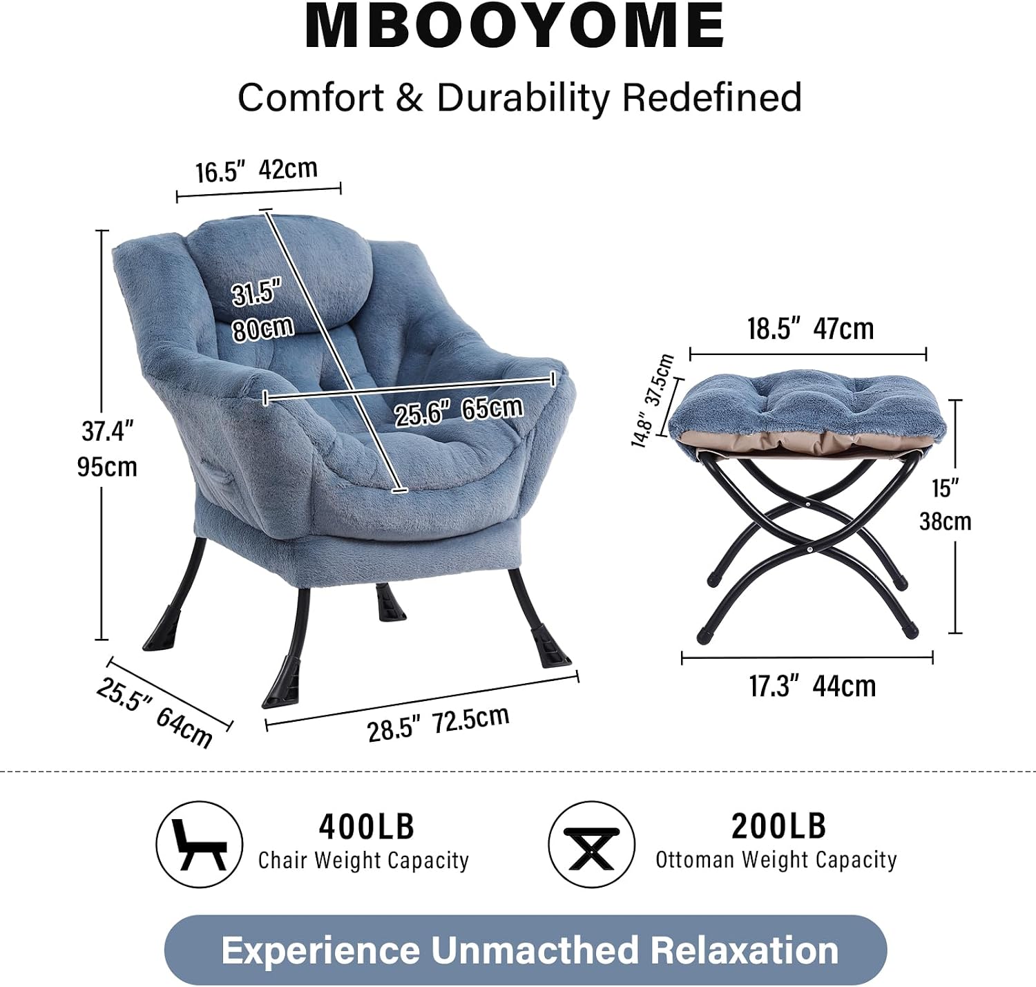 MBOOYOME Lazy Chair with Folding Ottoman, Modern Accent Armchair with Armrests and a Side Pocket & Foldable Footstool, Reading Chair for Living Room, Bedroom & Dorm, Plush Light Blue