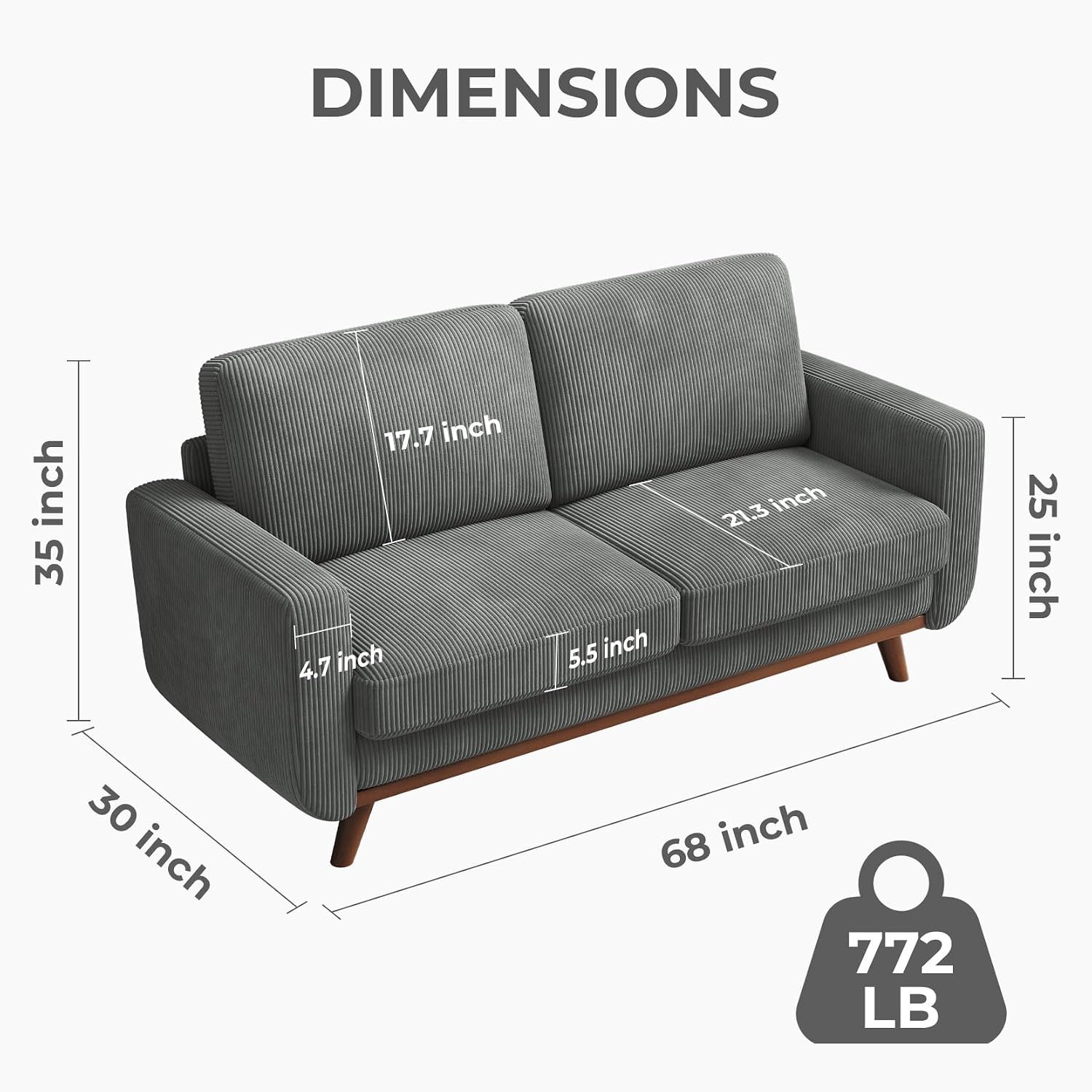 Vesgantti 68' Loveseat Sofa Dark Gray, Comfy Corduroy Couch with Spring Cushion and Solid Wood, Modern Extra Deep Seat for Bedroom, Living Room, Office