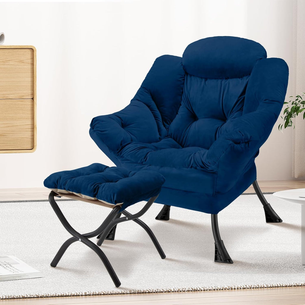 Lazy Chair with Folding Ottoman Modern Large Accent Chair,Contemporary Lounge Leisure Sofa Chair with Armrests Upholstered Sofa Armchair Reading Chair for Bedroom,Dorm & Office(Navy-f)