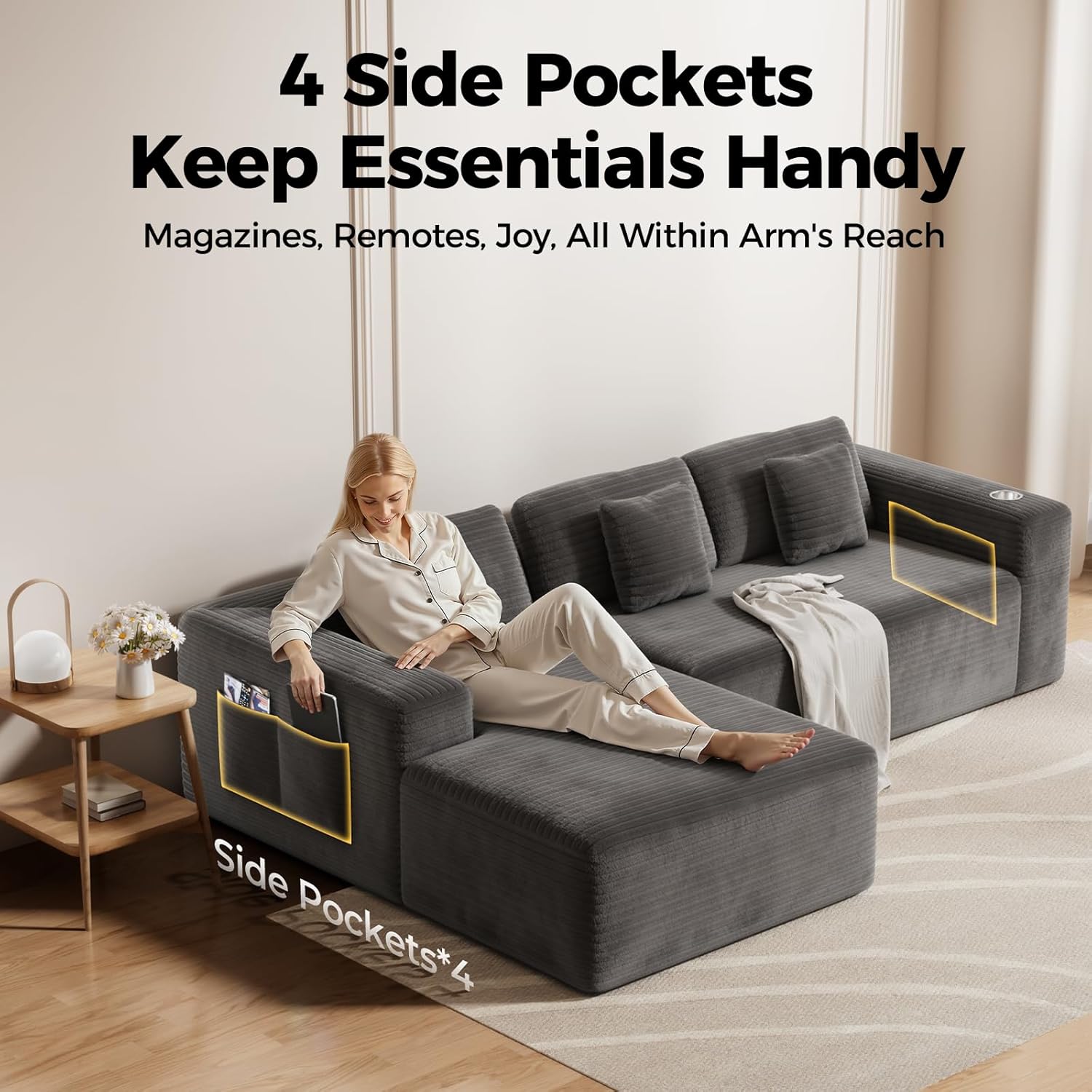CAMMOO 108' Cloud Sectional Couch in One Box, Compressed Modular Sectional Sofa with Deep Seat, Corduroy Boneless Couches, L-Shaped Sofa for Living Room, 4 Storage Pockets(Left Facing Chaise, Grey)